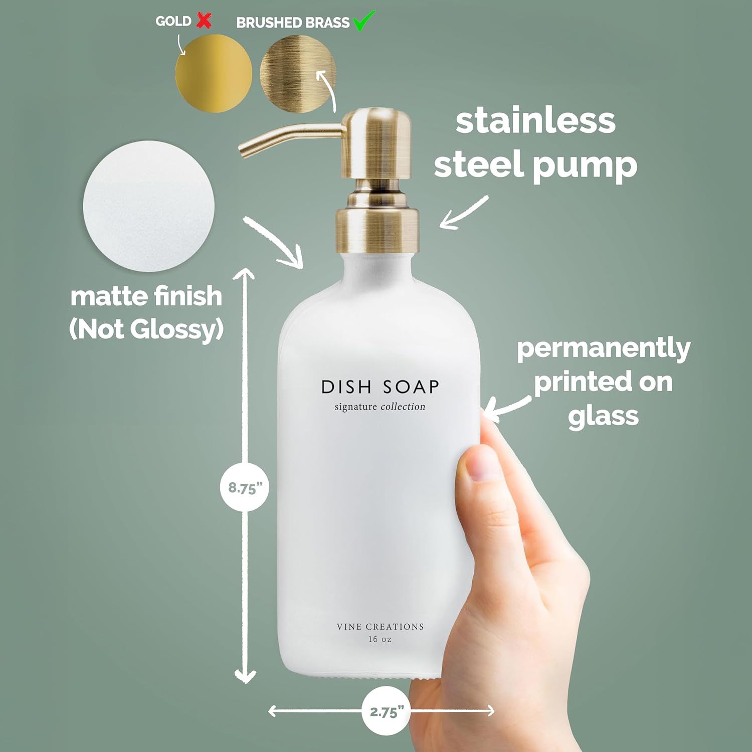 Vine Creations White Glass Soap Dispenser Set, Dish Soap and Hand Soap Dispenser Set with Stainless Steel Pump, 16 oz Glass Dispensers for Kitchen or Bathroom Decor (Matte White Bottle/Brushed Brass) - Image 5
