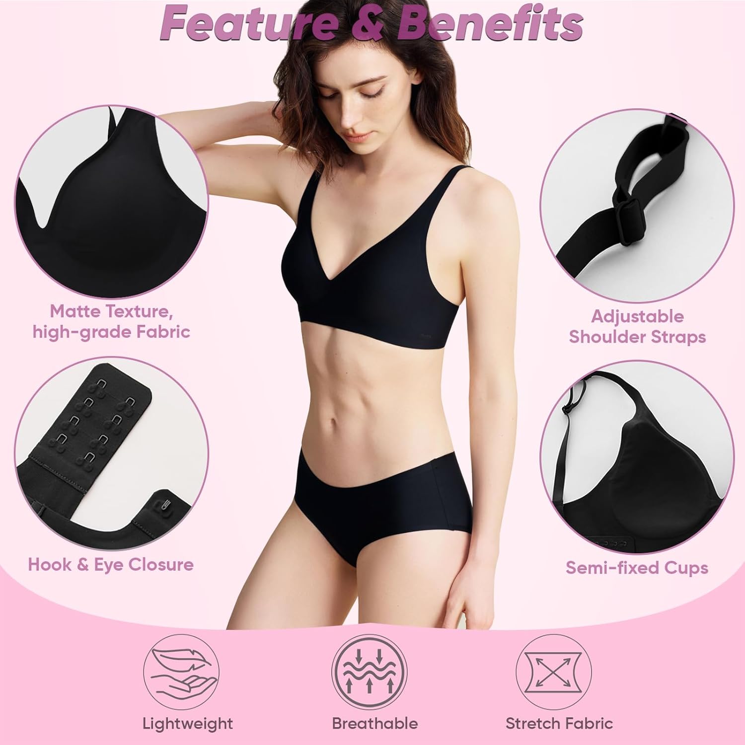 V-Neck Padded Bra – Comfortable Build-in Silicone Underwire Seamless Bra - Half Coverage Bras with Hook & Eye Back Closure - Image 3