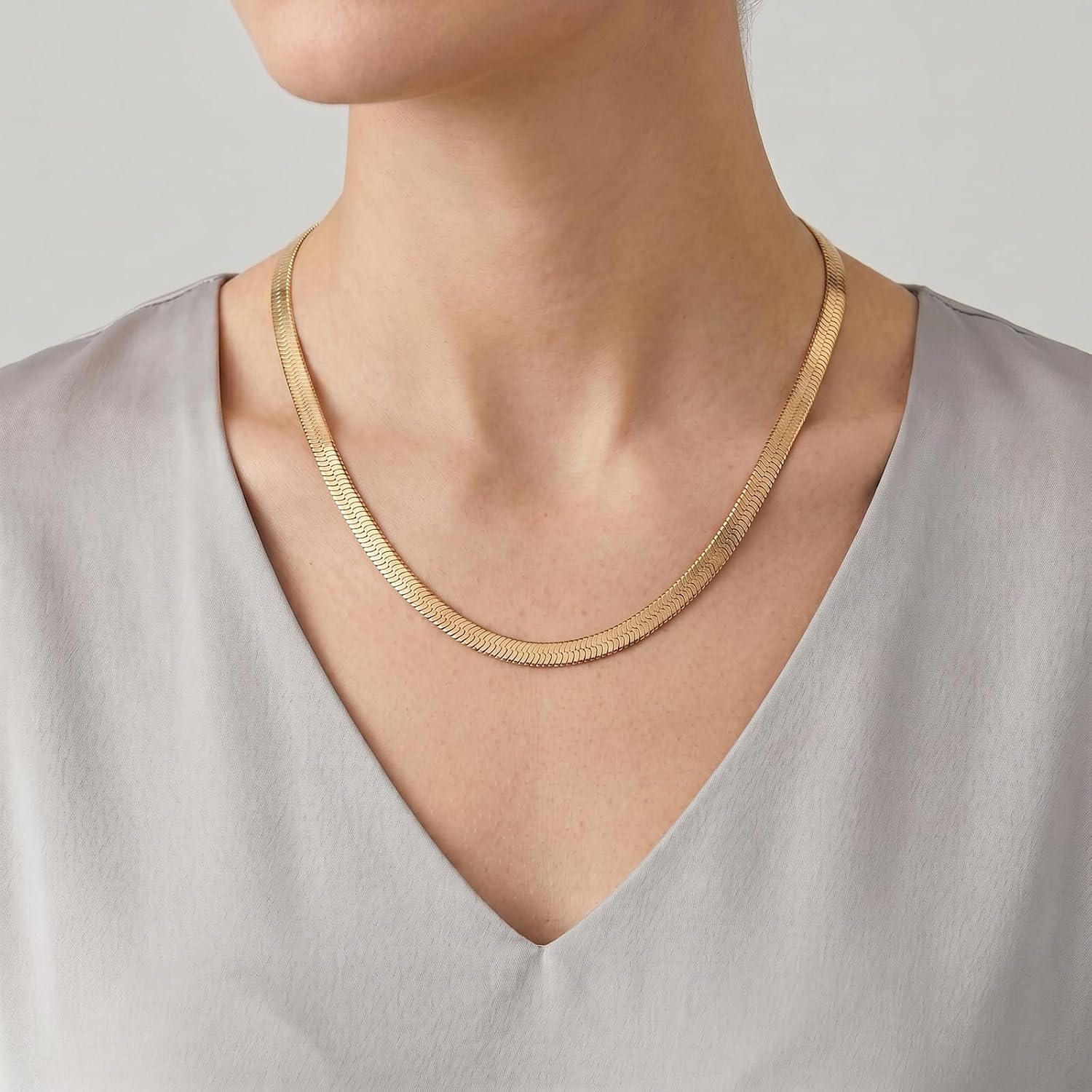 Herringbone Necklace for Women 14K Gold Plated Snake Chain Necklace Dainty Flat Snake Choker Trendy Simple Long Layered Chunky Cuban Link Chain Jewelry for Gifts Non Tarnish