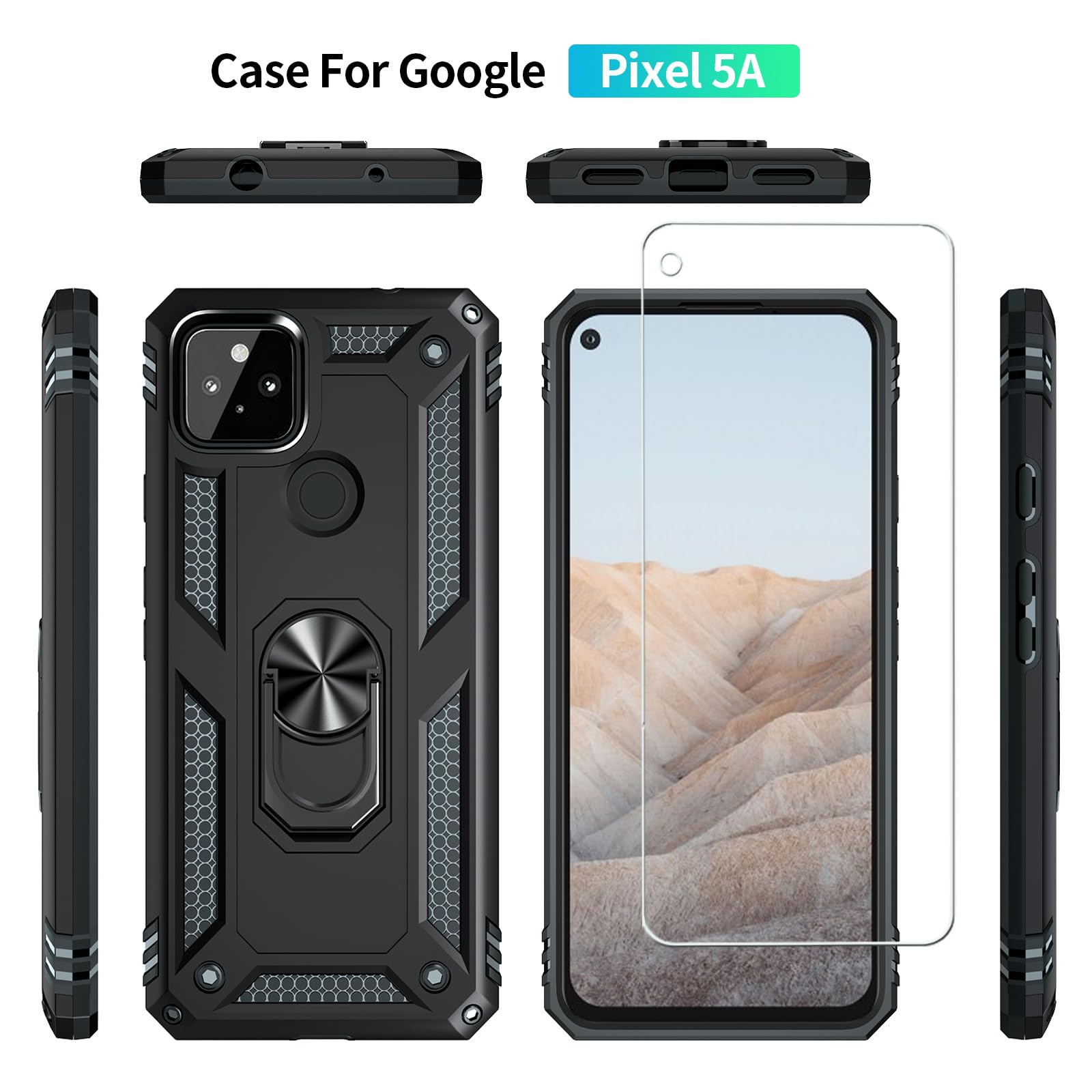 for Google Pixel 5A 5G Case with [2 Pack] Tempered Glass Screen Protector, for Google Pixel 5A Heavy Duty Armor [Military-Grade] Protective，Magnetic Ring Stand Phone Case Black