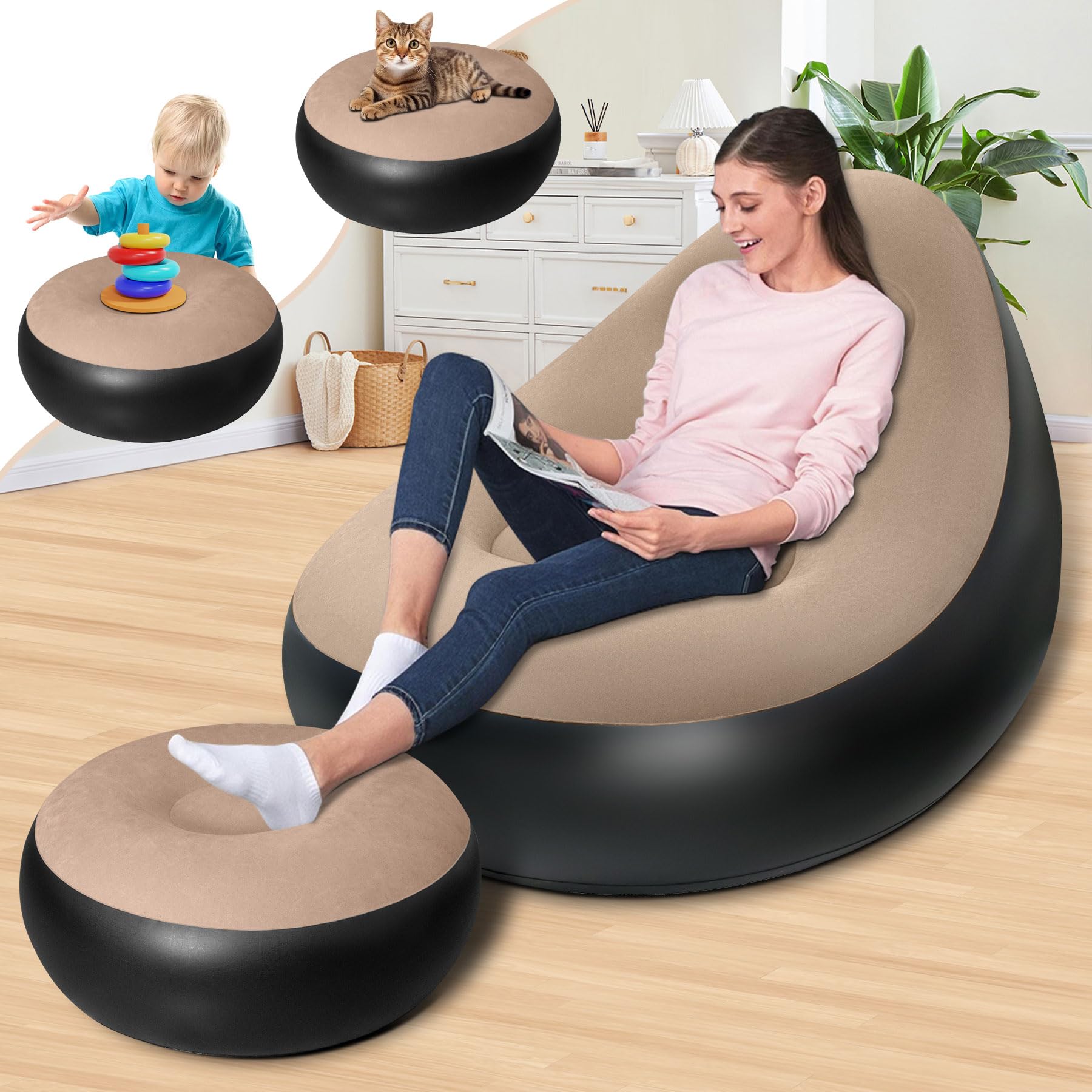 Inflatable Chair with Ottoman, Inflatable Couch for Adults with Flocked Surface, Comfortable Blow Up Air Chair, Waterproof Portable Air Sofa Inflatable Couch for Camping(Brown) (Without Pump)