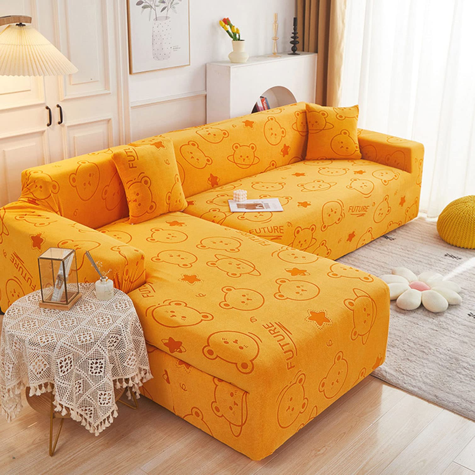 Housse de canapé extensible en L 4 places orange avec mousse antidérapante