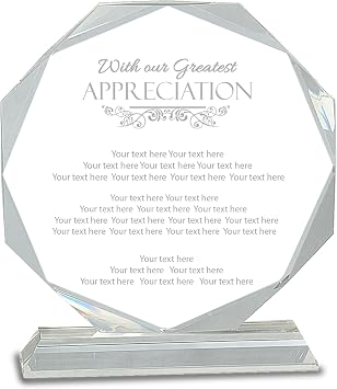 7 1/4" Clear Crystal Octagon With Our Greatest Appreciation Award, Custom Engraved Glass Award Plaque for Recognition, Gratitude