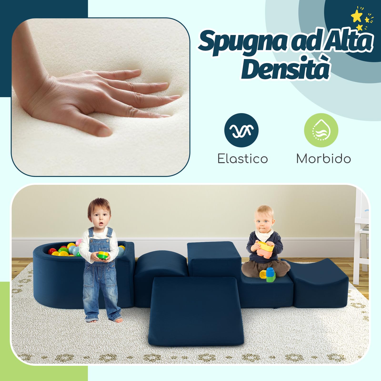 COSTWAY Set di 5 Pezzi Gioco in Schiuma, Blocchi con Piscina di Palline per Bambini, Coperture Lavabili con Cerniere, Blocchi Creativi per Stanza di Giocattoli, Camera da Letto (Navy)