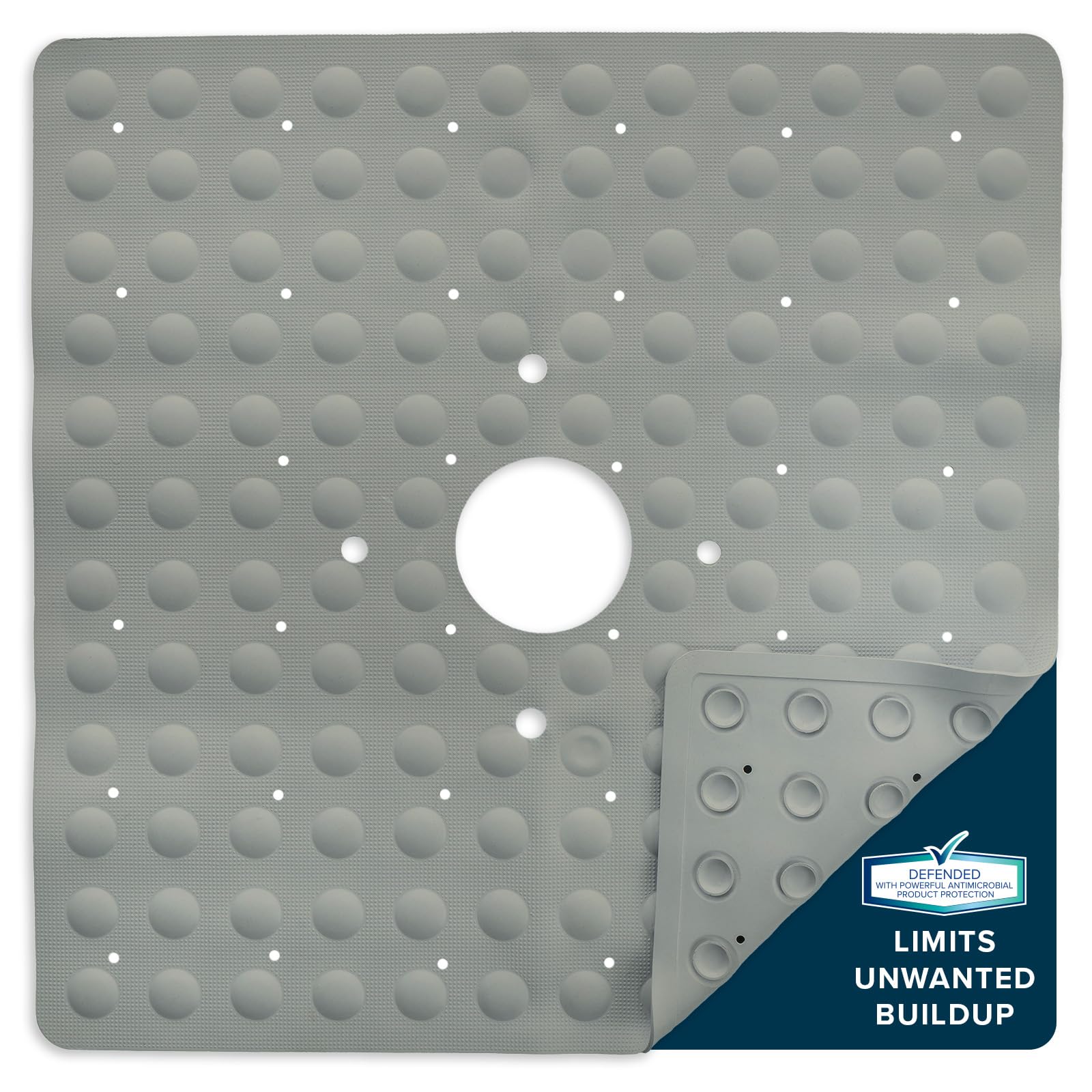 Square Natural Rubber Shower Stall Mat, 21” x 21”, Non Slip Safety, Built-in Product Protection, 140 Power Grip Suction Cups, Center Drain Hole, Tan