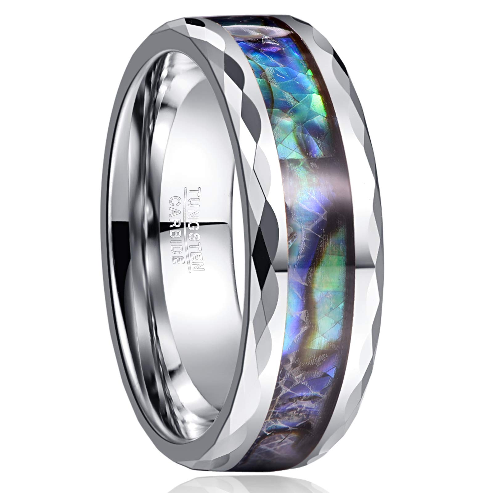 VAKKI 8mm Abalone Shell Tungsten Carbide Rings Silver/Black/Rose Gold Mens Wedding Engagement Band Polished Faceted Edges Comfort Fit Size N 1/2 - Z+3