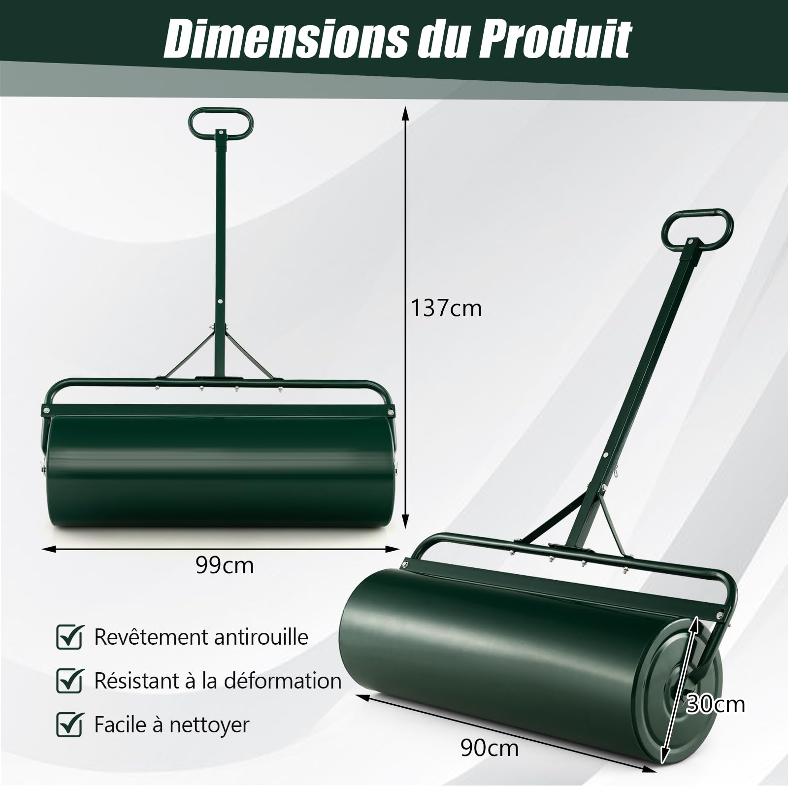 RELAX4LIFE Rouleau à Gazon de Jardin avec Poignée Volume 63L - Ø30 CM, Hauteur 137cm Remplissable de Sable/Eau, Construction Stable en Métal, Haute Résistance, pour Jardin, Parc, 99X30X137 CM (Vert)