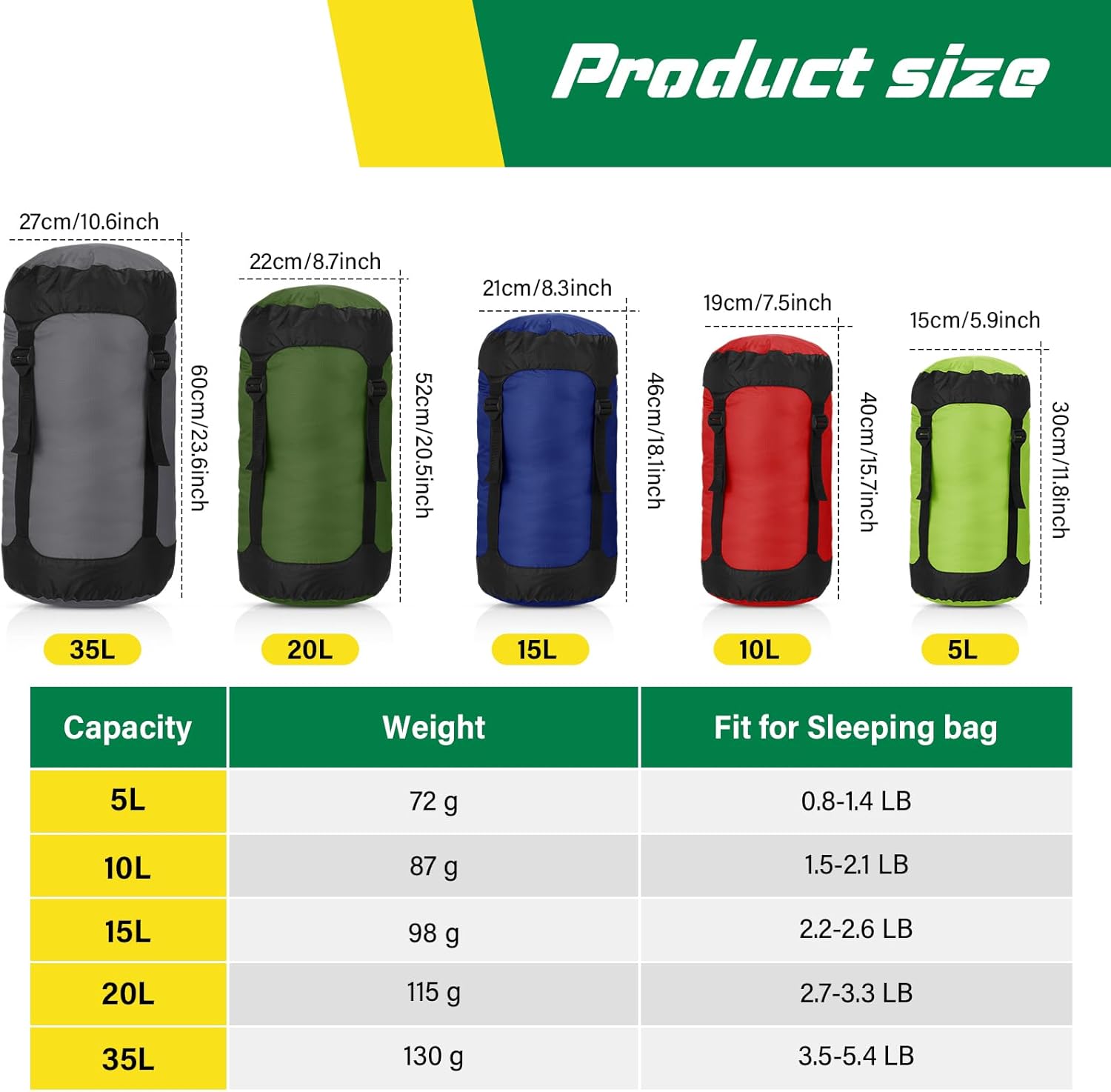 5 Pcs Compression Sacks for Backpacking 5L/10L/15L/20L/35L Camping Sleeping Bag Stuff Sack Water Resistant Sleeping Bag Storage Sack for Space Saving Hiking Gear
