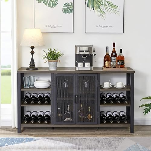 Miniatura 14 de FATORRI - Gabinete industrial de barra de vino para licores y vasos, gabinete de café de madera de granja con estante de vino, aparador de metal y