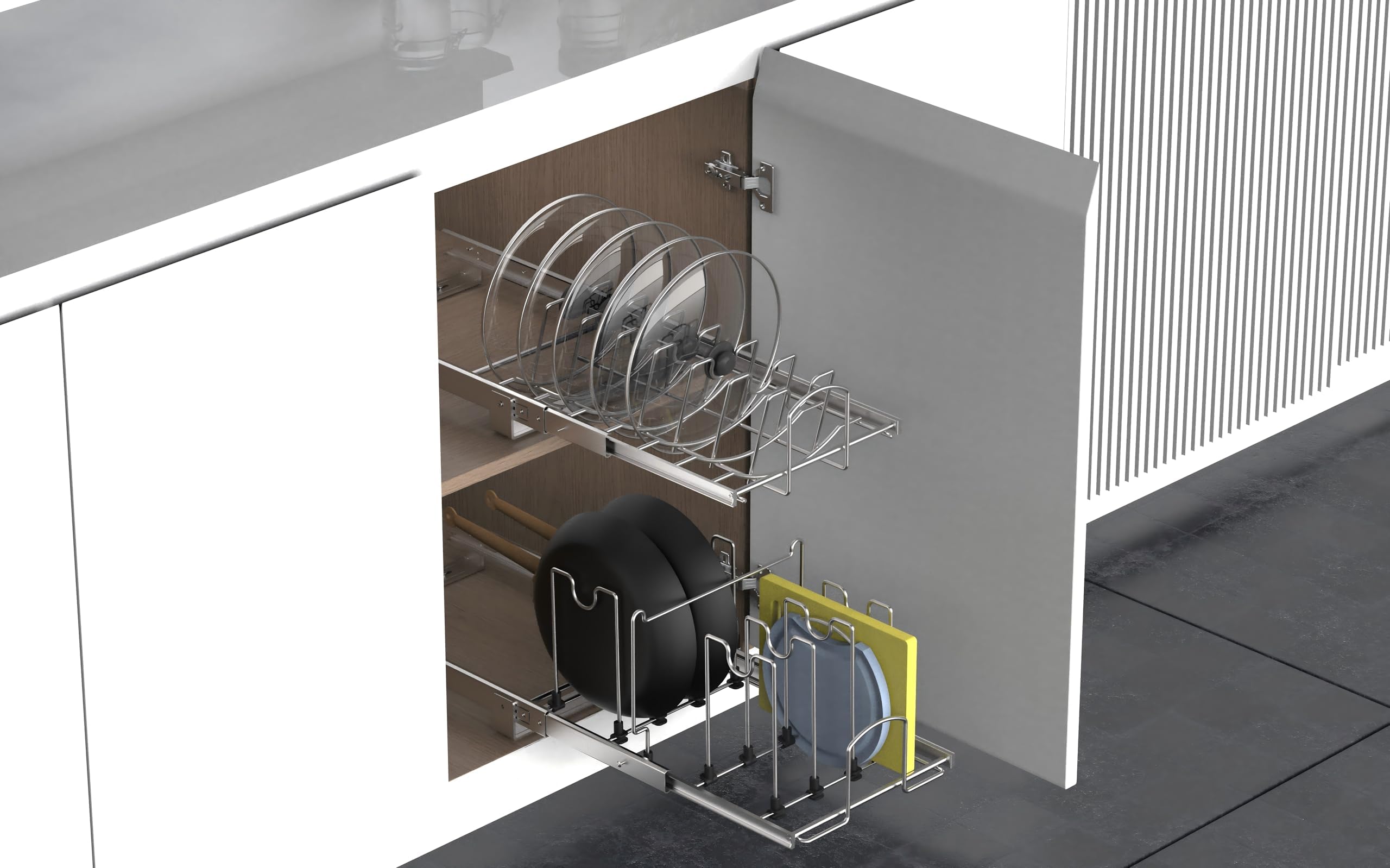 Ausziehbarer Organizer für Töpfe und Pfannen, unter dem Schrank, verstellbarer ausziehbarer Pfannen- und Topfdeckel-Halter, Draht-Trennwände, Küchenorganisation und Aufbewahrung,