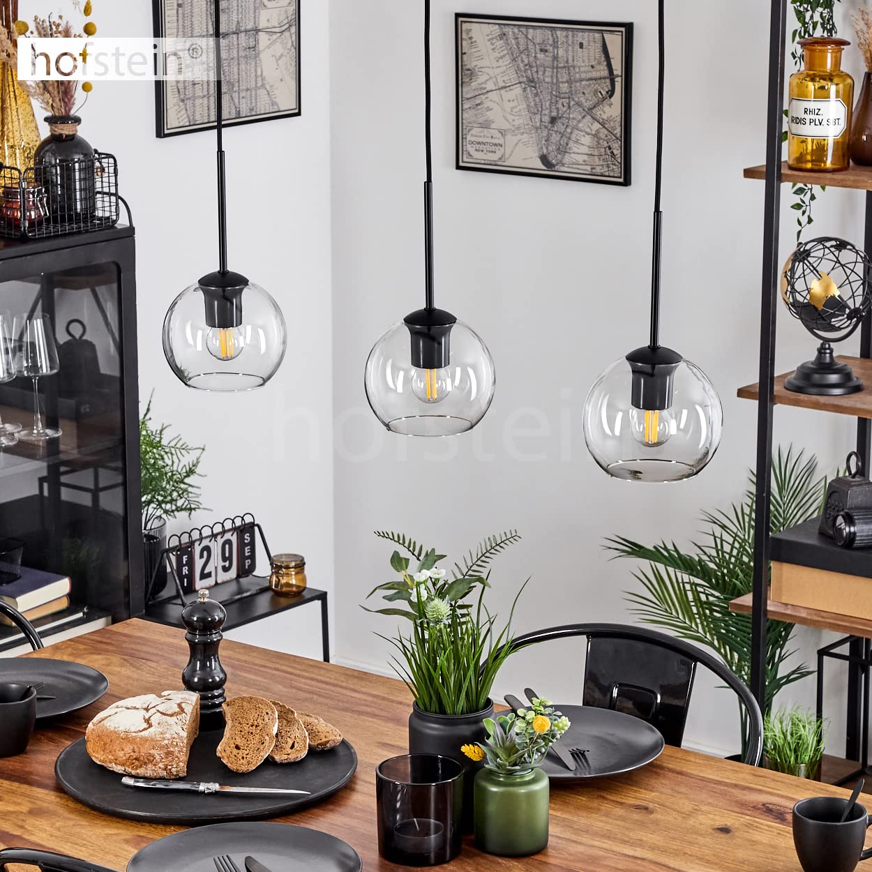 Koyoto hanglamp, metaal/glas hanglamp in zwart/chroom, retro design met glazen kappen (15 cm; 20 cm; 25 cm), max. hoogte 146,5 cm, 3 lampen, 3 x E27, gloeilampen niet inbegrepen