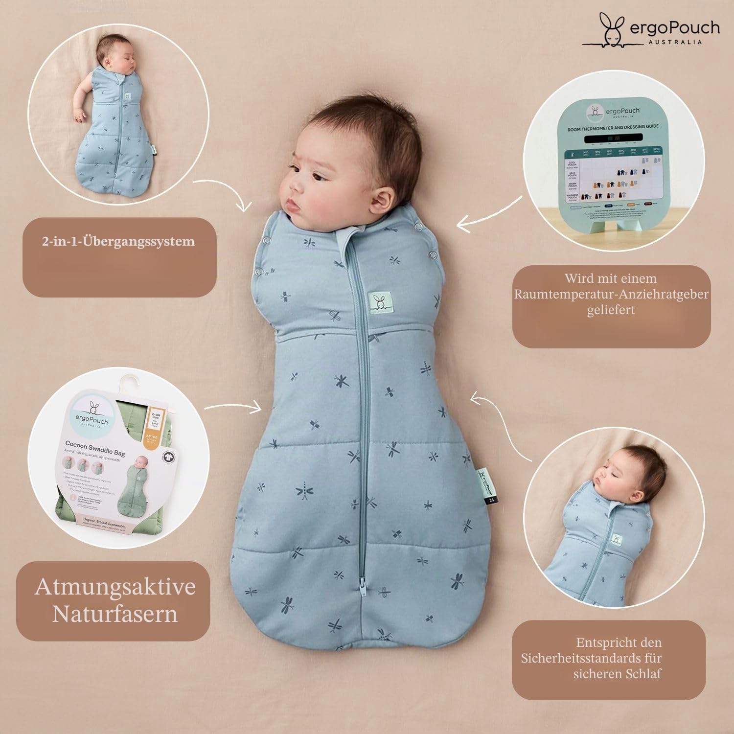 ergoPouch Cocoon Swaddle Sack 0,2 TOG - Babyschlafsack, sanfter Passsitz hilft beim Beruhigen des Schreckreflexes, ideal für das Schlafen mit herein/heraus gestreckten Armen, weicher atmungsaktiver