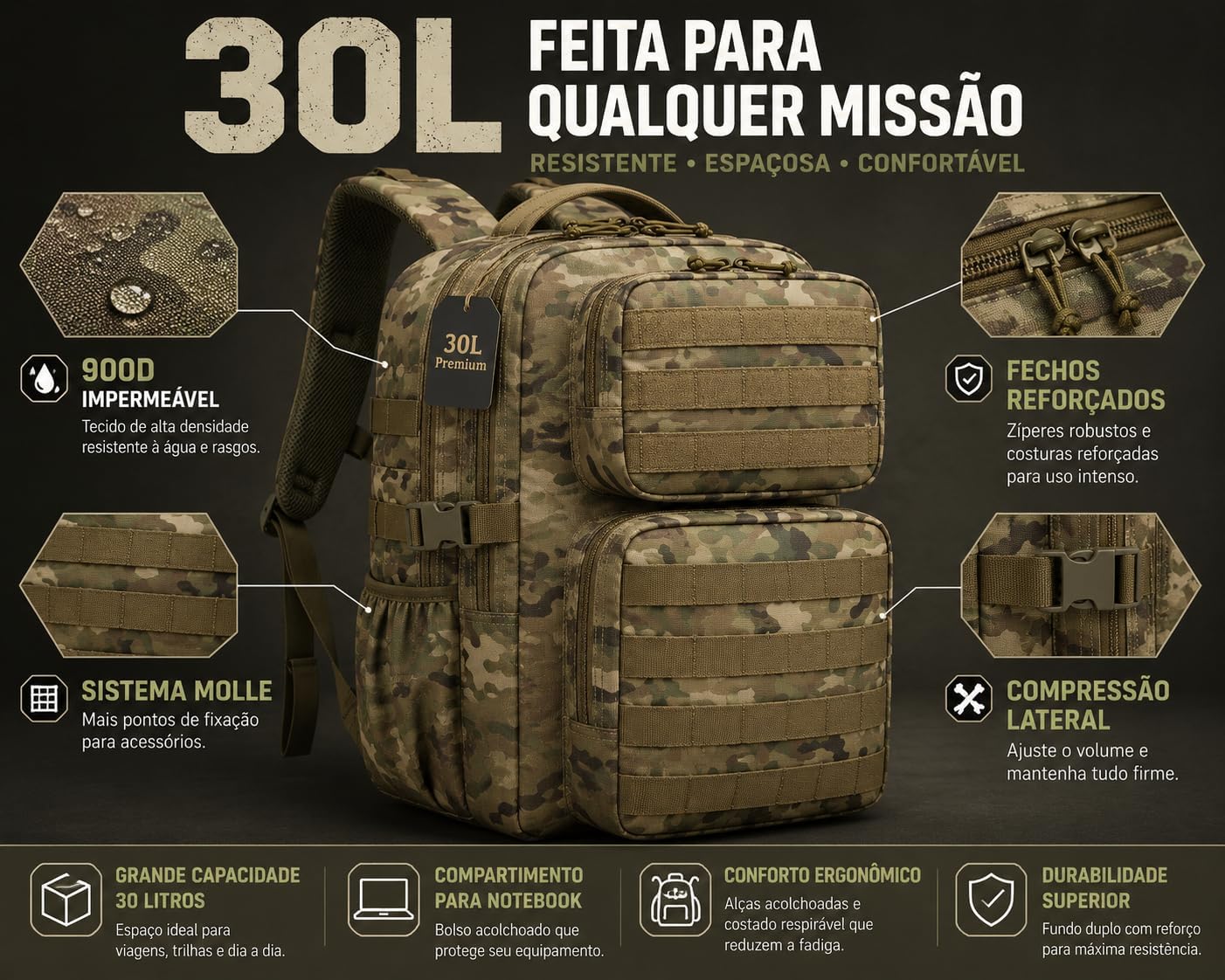 Mochila Impermeável 30L Reforçada com Patch Emborrachado – Mochila Grande de Viagem, Camping, Academia e Uso Diário Masculino Mochila Impermeável 30L Reforçada com Patch Emborrachado – Mochila Grande de Viagem, Camping, Academia e Uso Diário Masculino