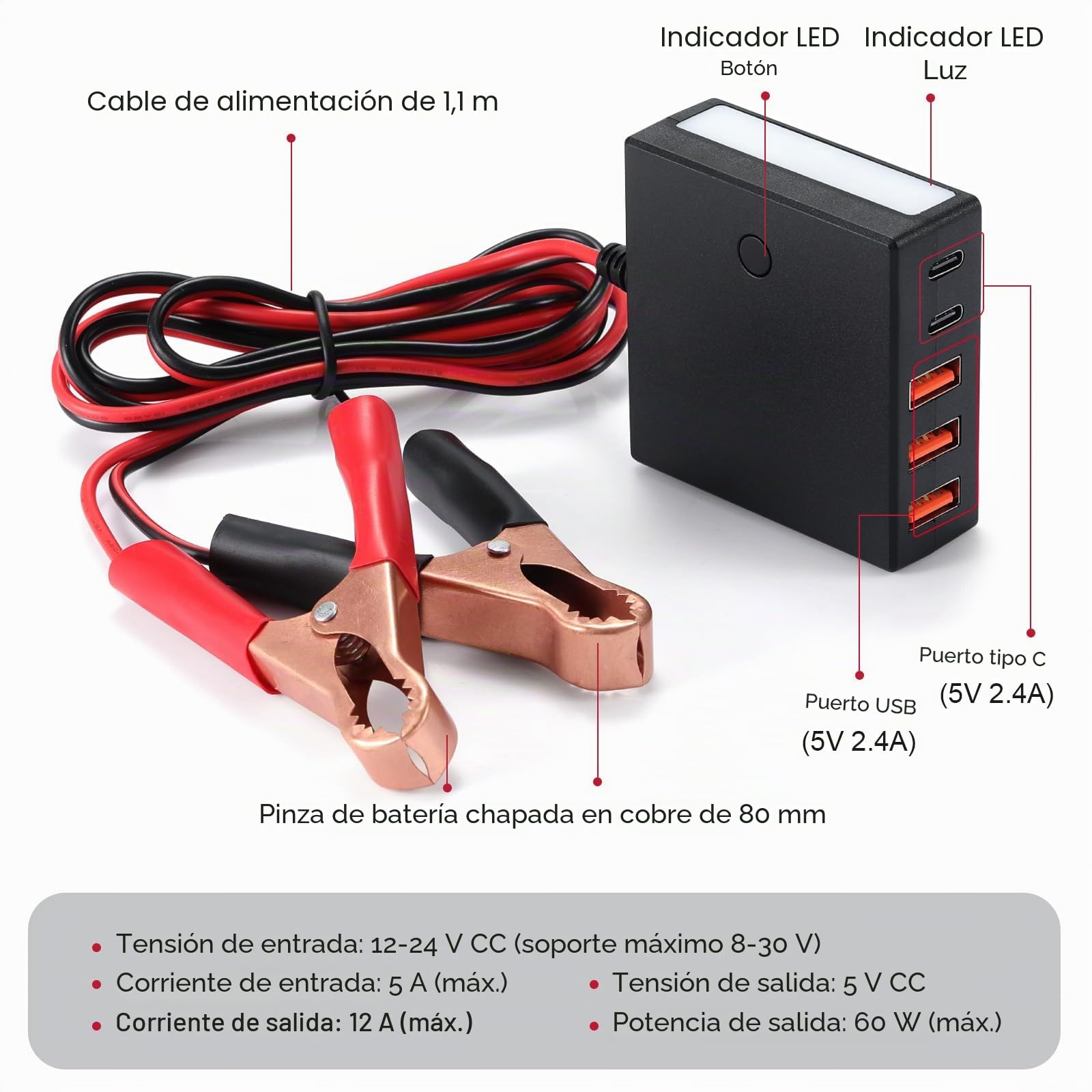 2.4A 60W DC 12V a 24V a 5V Convertidor de Corriente USB de 5 Puertos | 5 Puertos de Carga USB, Adaptador de Cargador de Coche, Con Clip de Batería, Para Teléfono