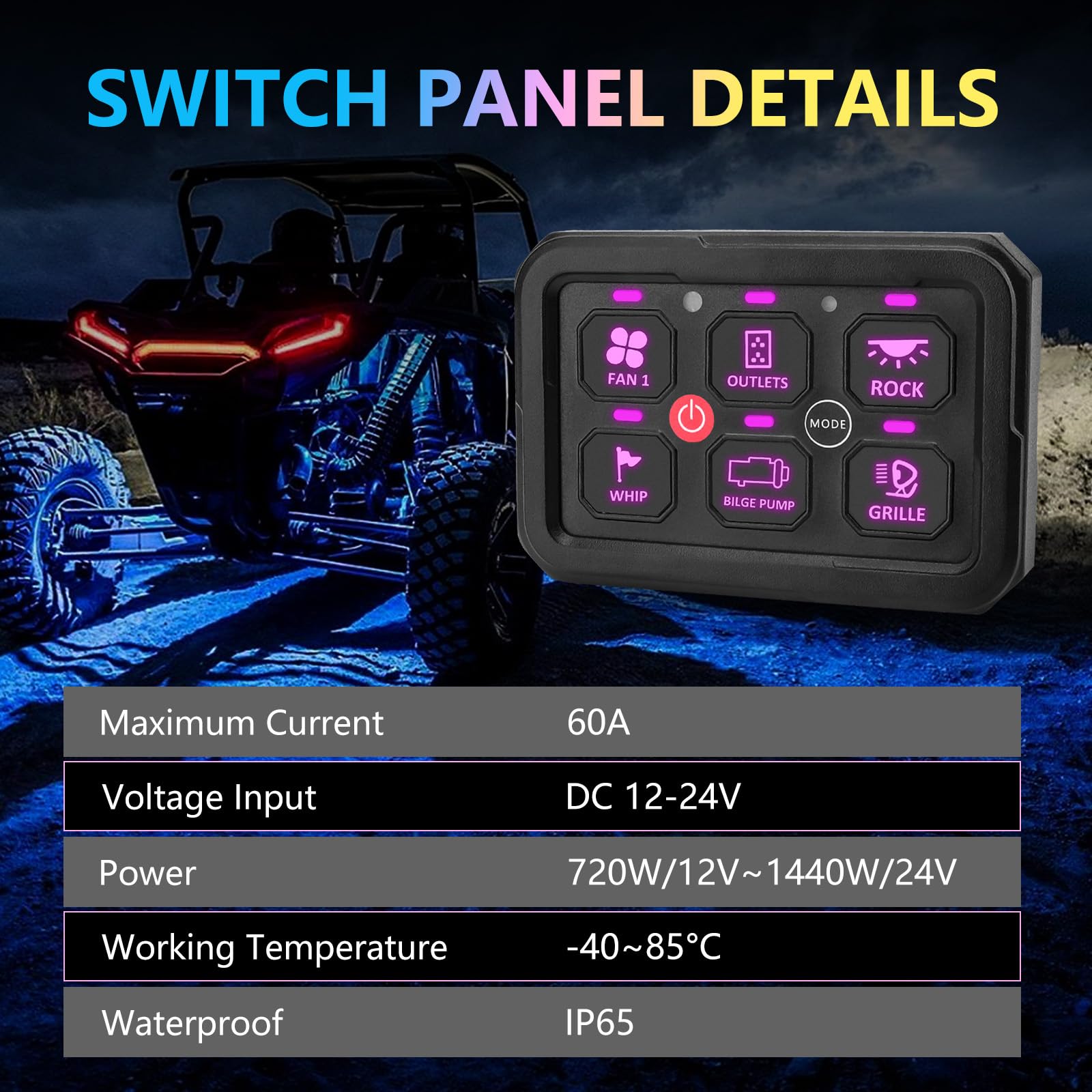Chelhead Panel przełącznika RGB 6 Gang Auto Dimming 12V/24V IP65 | Panel sterowania Automatyczne ściemnianie podświetlenia, 4 tryby przełączania (przełącznik, puls, lampa błyskowa, stroboskop)