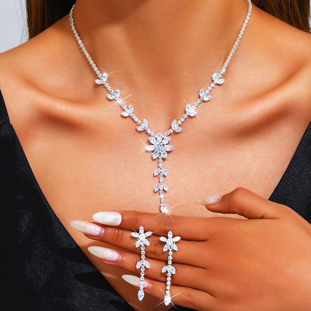 Aukmla Silver Wedding Jewelry Set Rhinstone Bridal Necklace Earrings Sets Prom Necklaces for Women - Image 6
