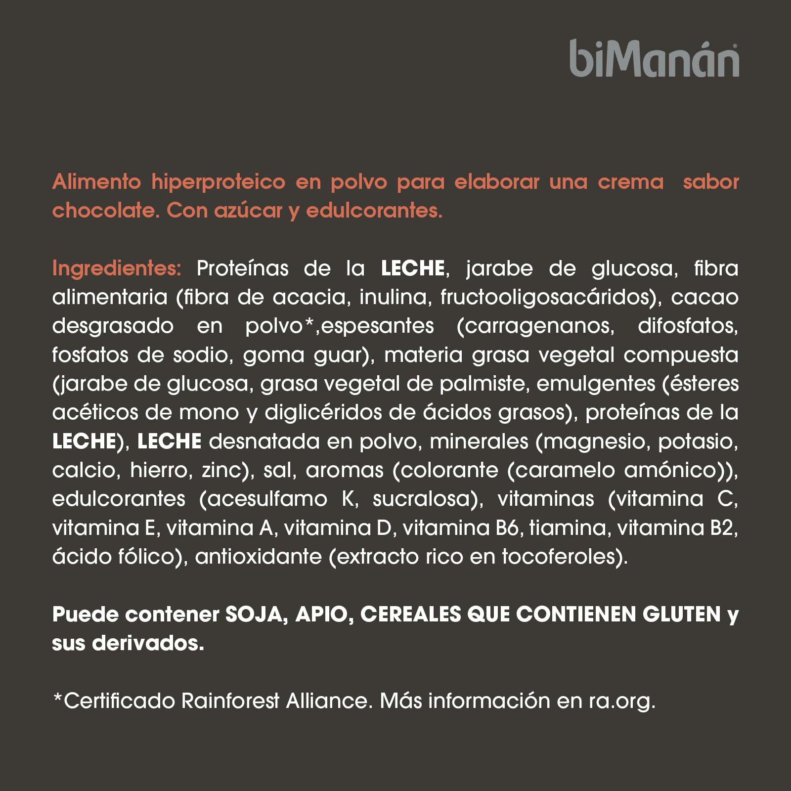 BIMANÁN - CREMA HIPERPROTEICA SABOR CHOCOLATE - Exquisita Crema Sabor Chocolate - para Tonificar y Aumentar Masa Muscular - Producto Proteico con Textura Cremosa - 360g, 12 raciones