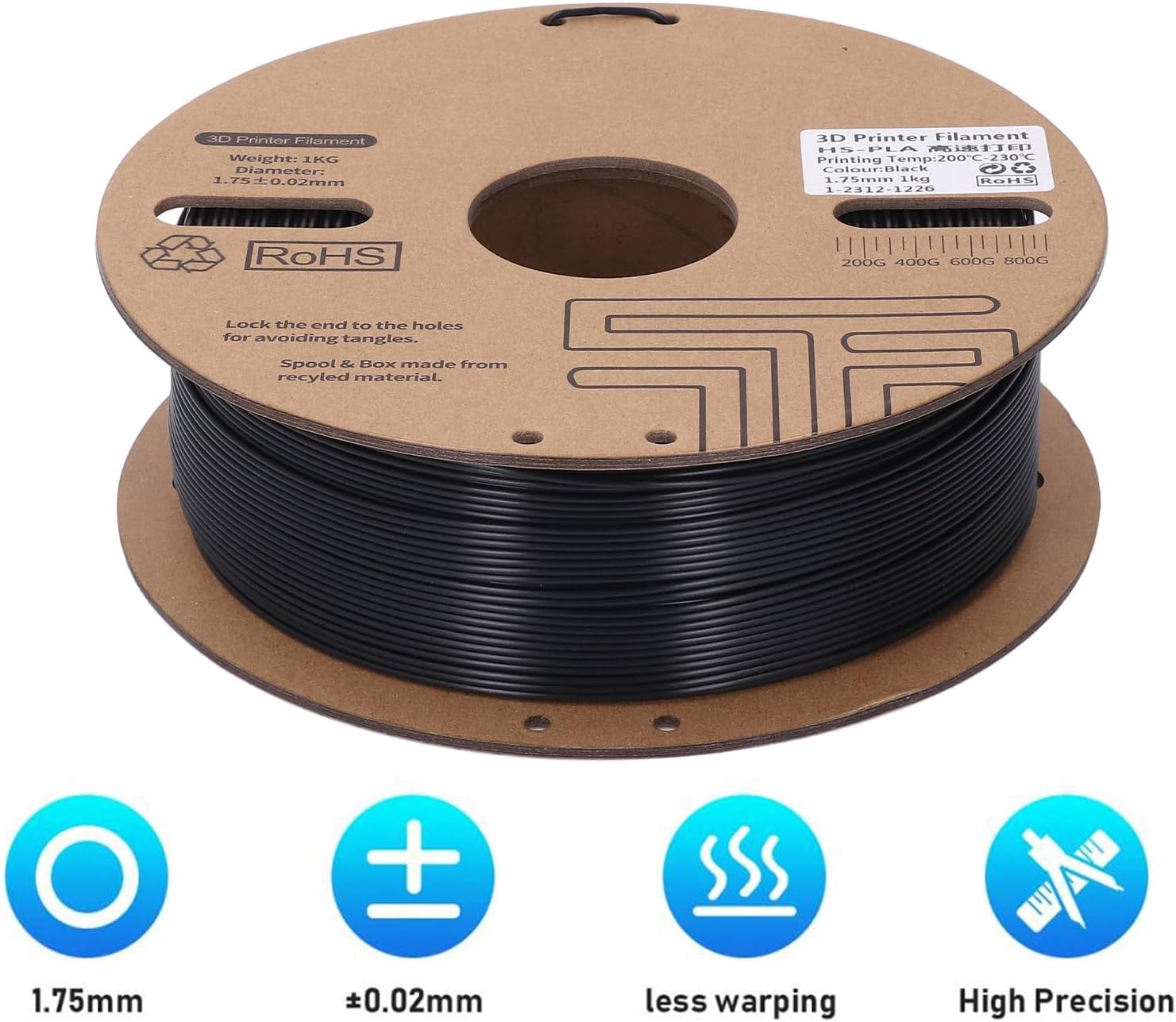 PLA Filament 1.75mm PLA 3D Printer Filament 1KG Cardboard Spool 2.2lbs 3D Printer Filament 30‑600mm s High Speed Printing Consumable Dimensional Accuracy + - 0.03 mm for Ender 3