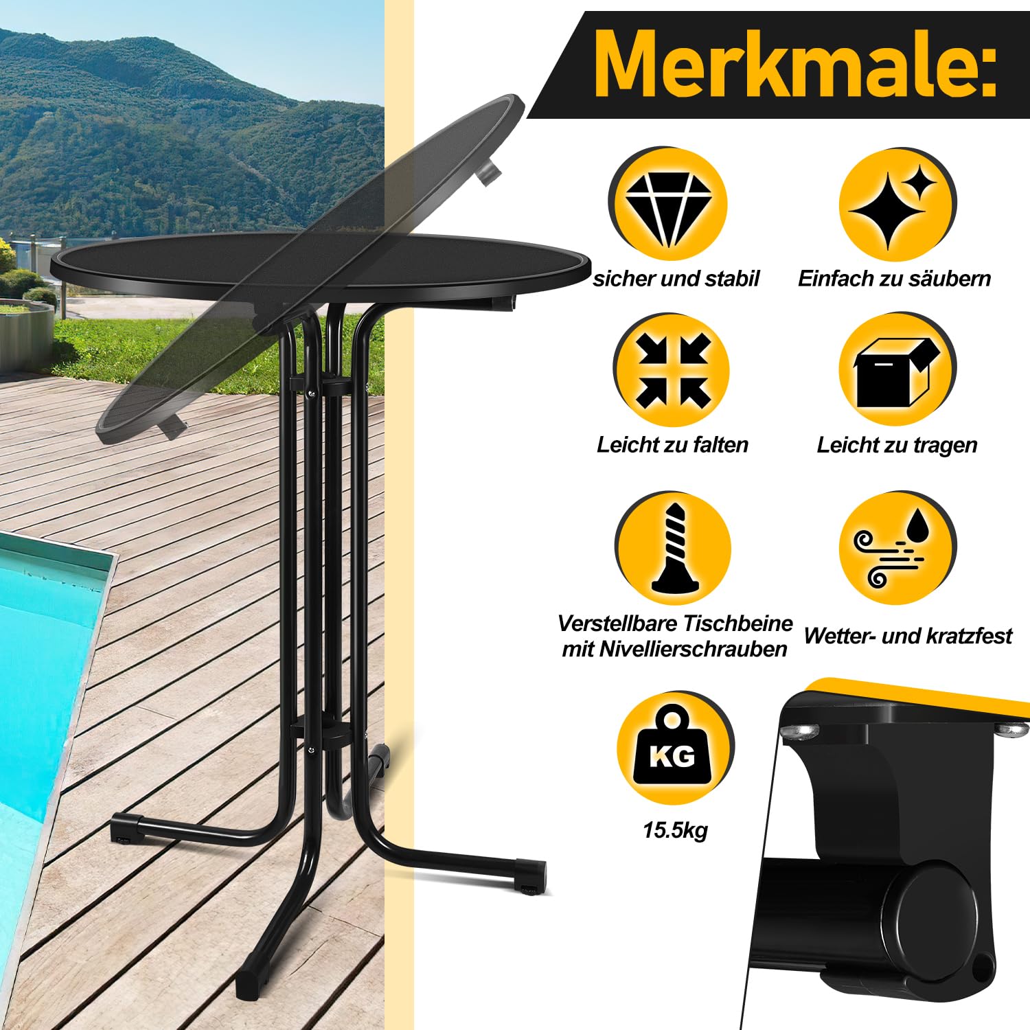 Sonnewelt Table haute pliable avec housse - Diamètre : 80 cm - Table de fête ronde pour l'intérieur et l'extérieur - Hauteur : 110 cm - Résistante aux intempéries - Pieds réglables en hauteur - Noir