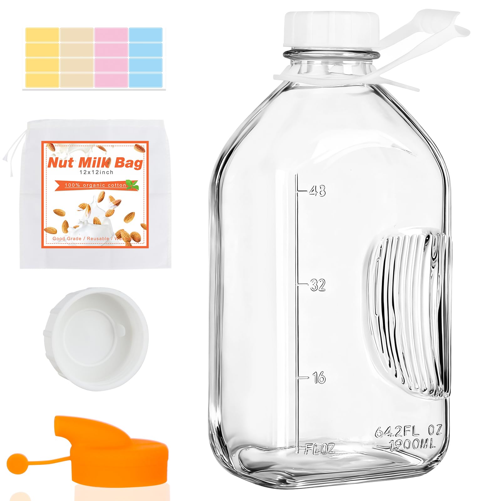 Amazon.com: CARBLIN 64 oz Glass Milk Bottle with Lid, 2 Quart