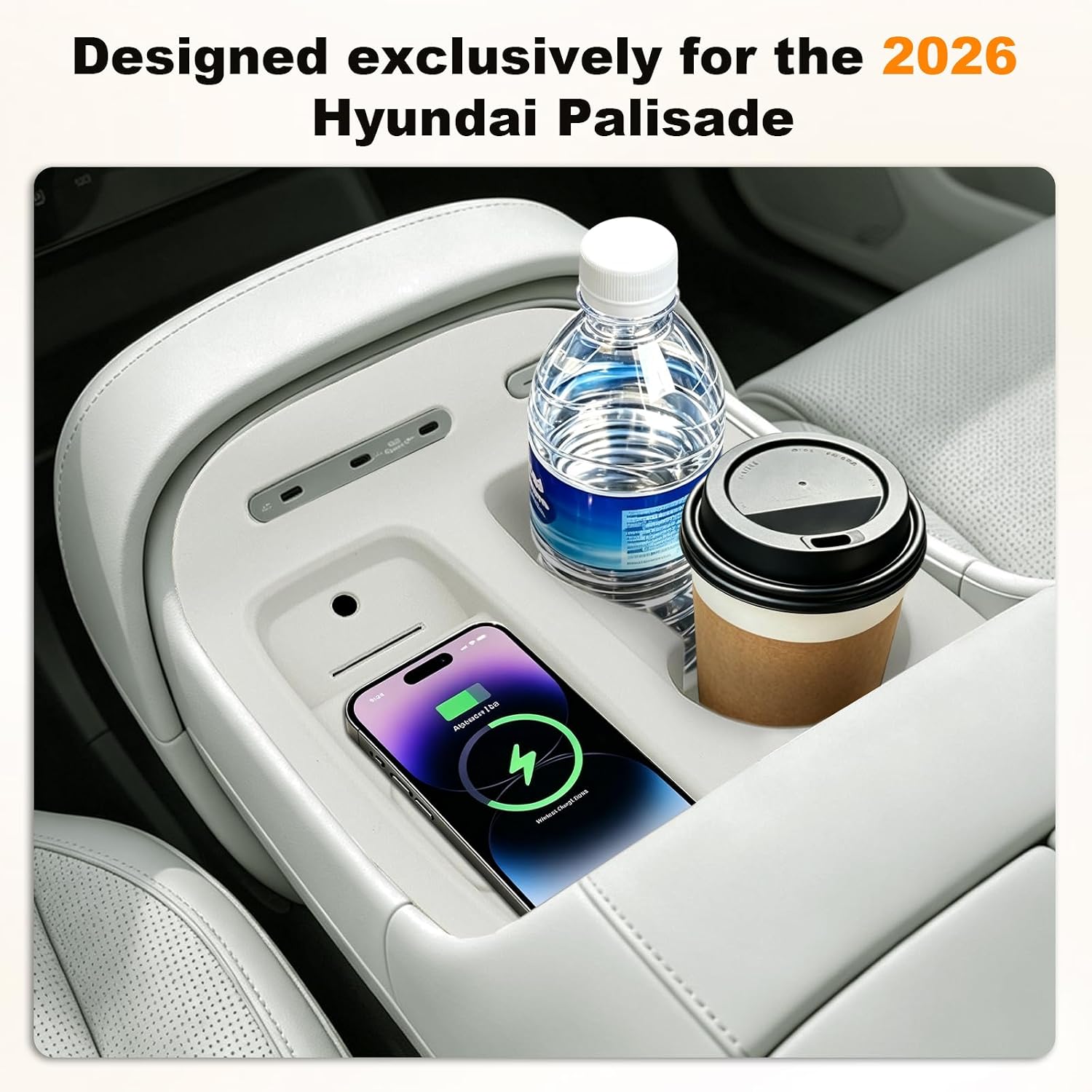 Cup Holder Insert and Wireless Charging Mat for Hyundai Palisade 2026 2027 image 2