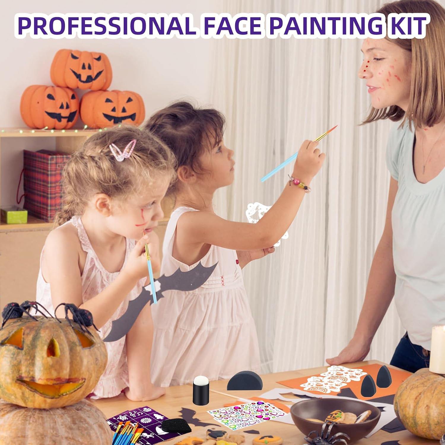 50Pcs Fairy Tale Princess Face Paint Stencils Kit,Reusable Body Facial Painting Art Templates for Halloween, Party Makeup and Temporary Tattoo Art with Brushes,Sponge,Stickers,Diamond