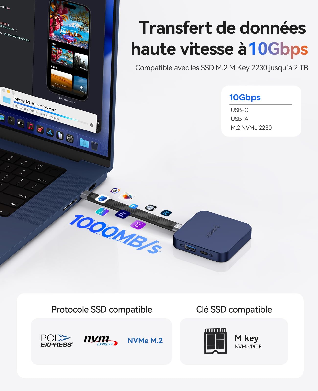 ORICO Station d'Accueil Magnétique USB C avec Boîtier SSD M.2 NVMe, Docking Station 6 en 1 avec HDMI 4K@60 Hz,PD 100 W, USB-A 10 Gbps, SD/TF, Audio. USB C Hub DockingStation pour iPhone/Dell HP Lenovo