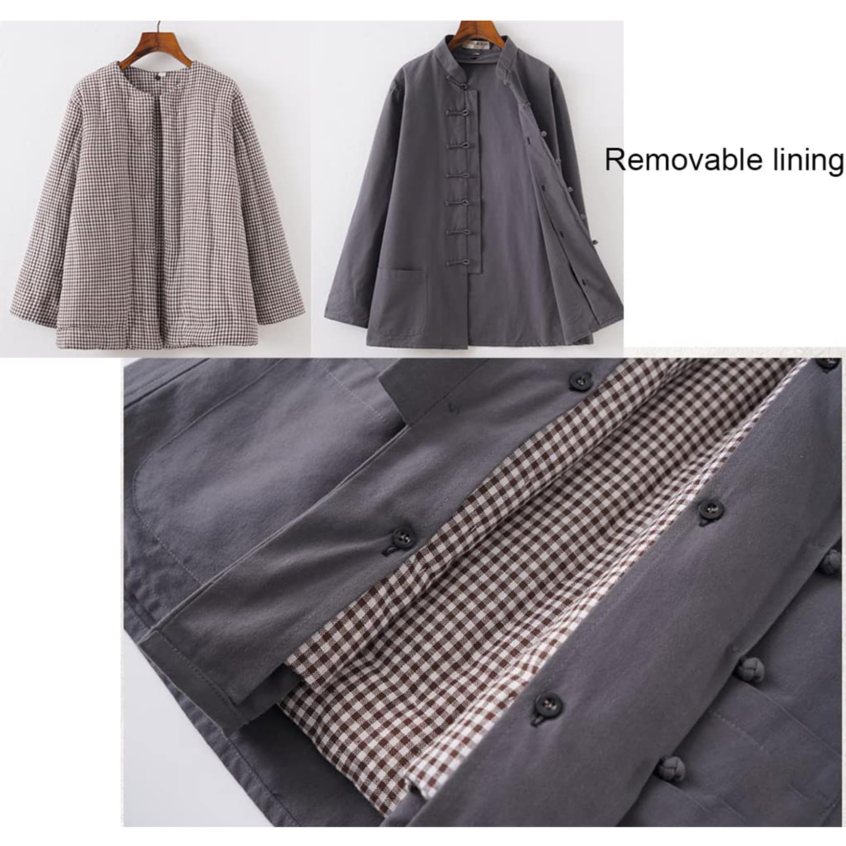 Traje Tang, Uniforme de Tai Chi de invierno, chaqueta de traje de grueso desmontable, tela áspera vieja de algodón, ropa cálida de Kung Fu chino for hombres(Grey_L)