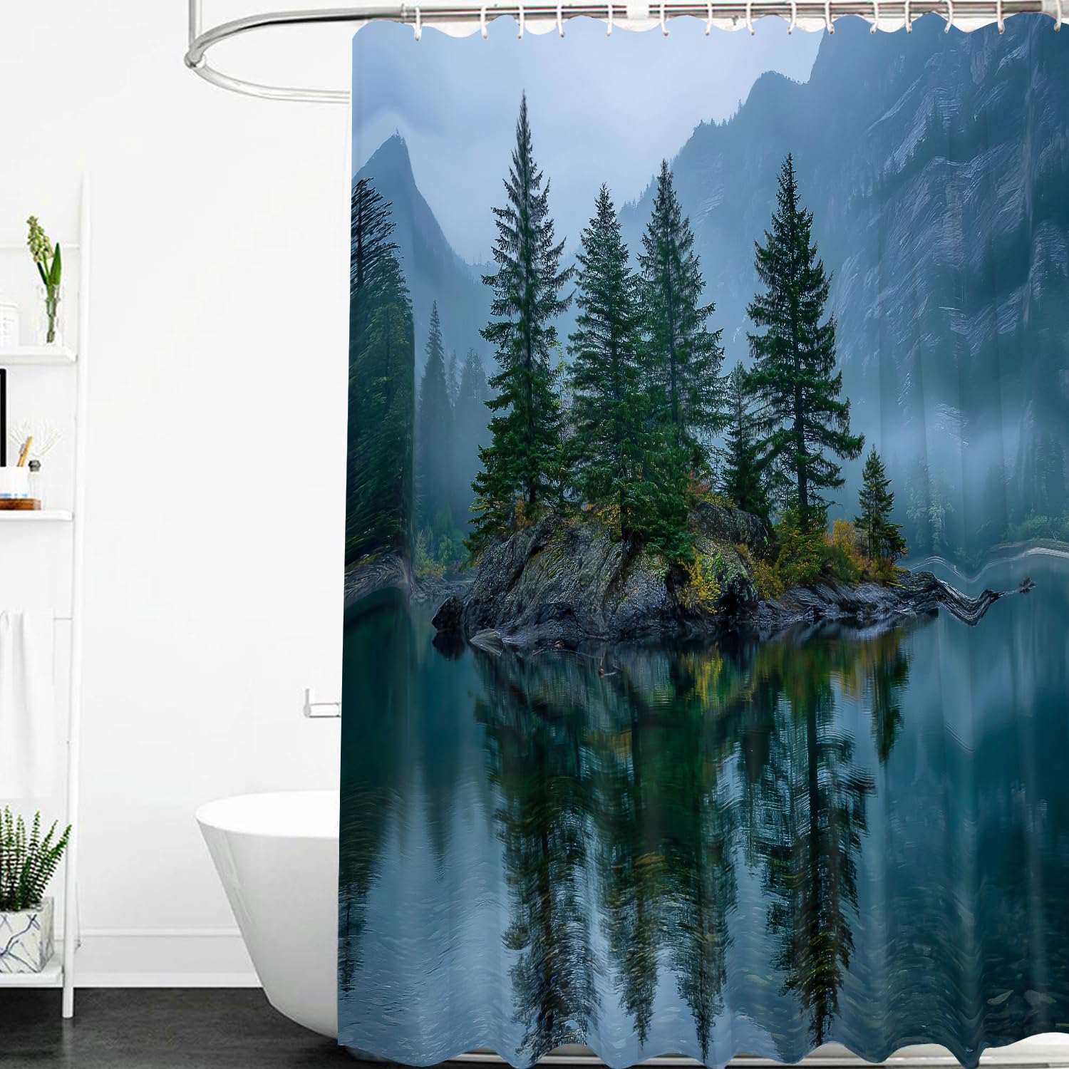 Cortina de Ducha 240 x 200 cm con Paisaje de Montañas y Niebla, Cortina de Baño con Paisaje Natural de Montaña, Lago y Bosque, con Ganchos, Tela Lavable Azul para Decoración de Baño/Habitación