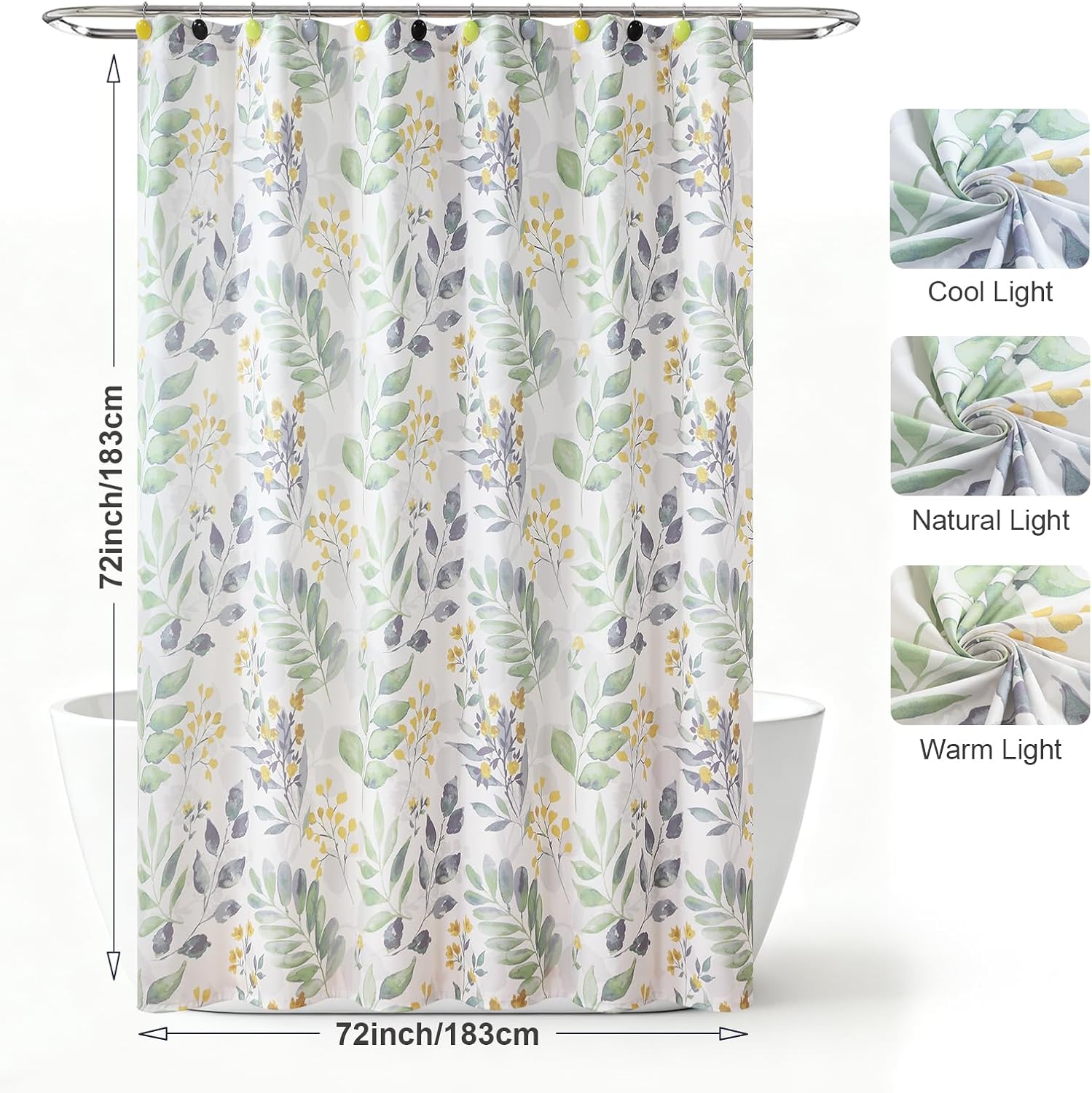 Sage Green Yellow Leaf Floral Shower Curtain, Watercolor Plant Fabric Shower Curtain, Waterproof Decorative Boho Botanical Bathroom Curtains, 72" W x 72" H
