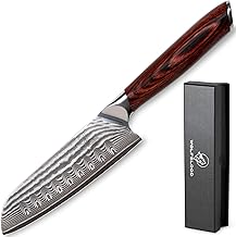 Wolfblood Damastmesser Santoku Messer L(24cm) TÜV geprüfter 62 HRC Damaststahl aus 67 Lagen I Damast-Küchenmesser Santokumesser mit Kirschholzgriff Geschenkbox und Klingenschutz