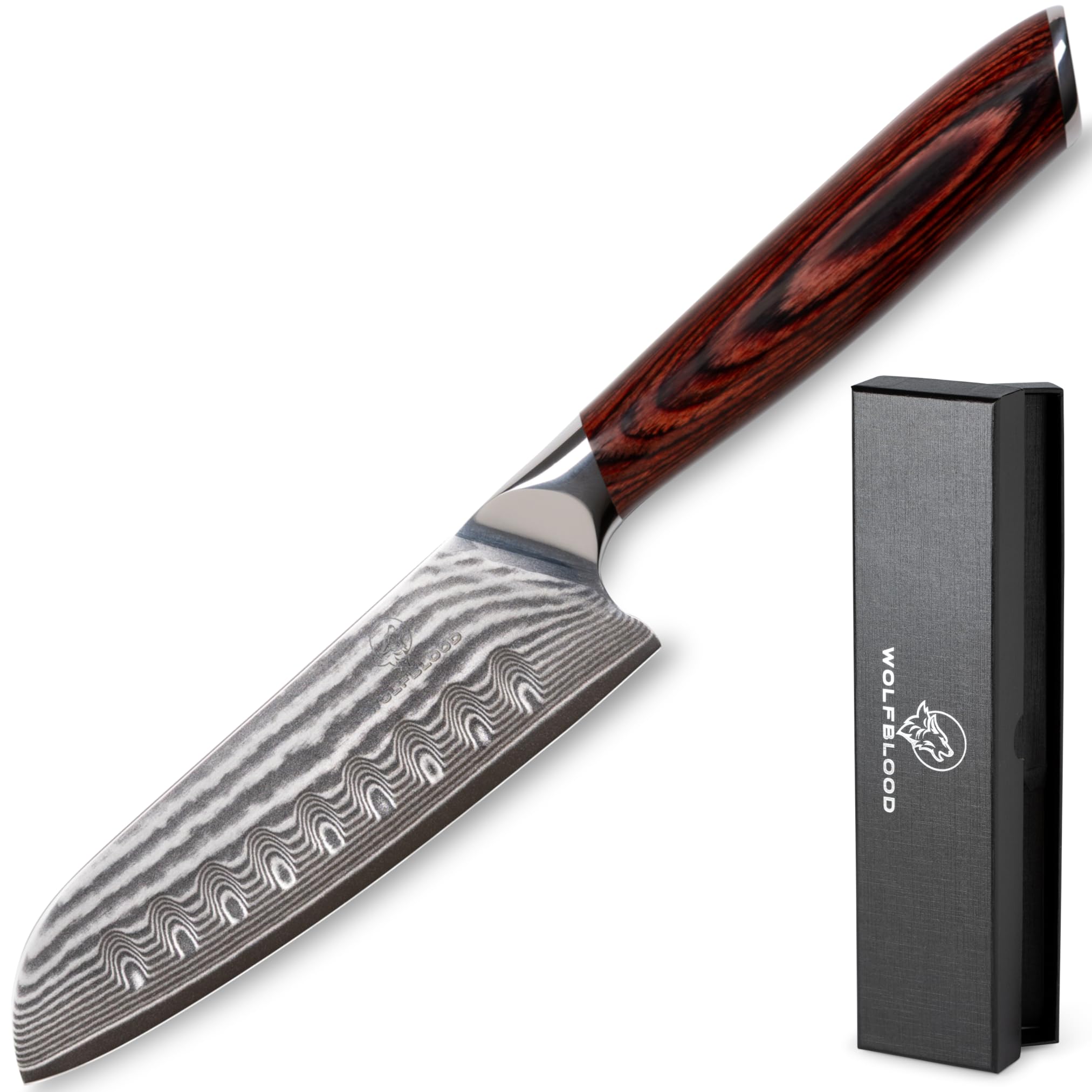 Wolfblood Damastmesser Santoku Messer L(24cm) TÜV geprüfter 62 HRC Damaststahl aus 67 Lagen I Damast-Küchenmesser Santokumesser mit Kirschholzgriff Geschenkbox und Klingenschutz