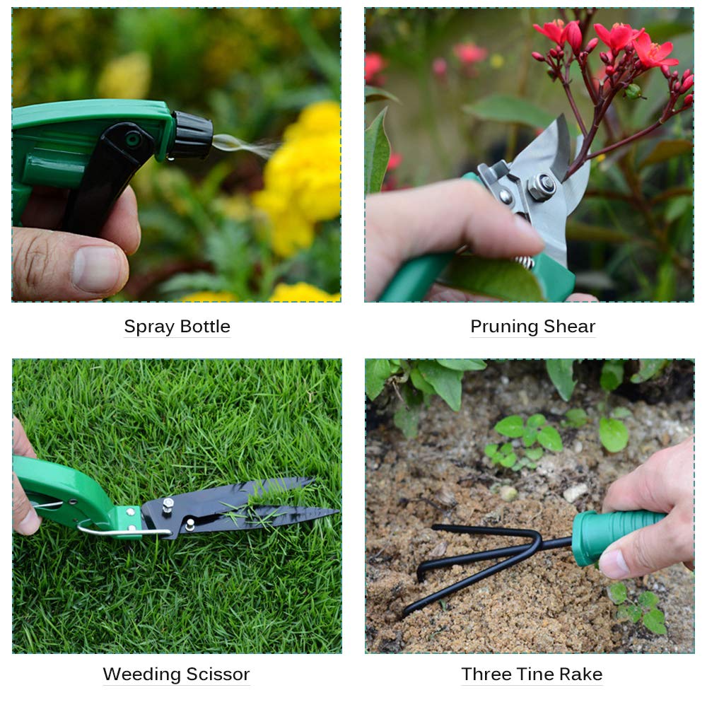 Set di attrezzi da giardino da 10 pezzi in acciaio inox con valigetta organizer, set da giardinaggio ad alte prestazioni con cesoie da giardino, rastrello, pala grande e piccola, spruzzatore, forbici