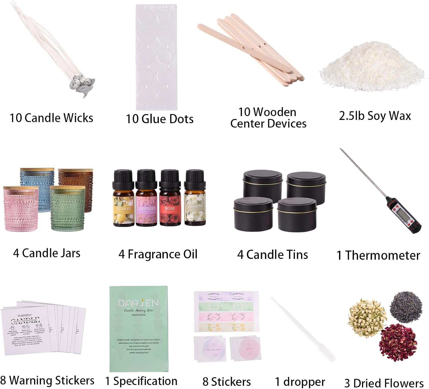 DARJEN Candle Making Kits for Adults - Candle Making Supplies with 4 Candle Jars(Blue, Pink, Amber, Green), Candle Tins, Soy Wax, Scents, Dried Flower & More, DIY Starter Candle Making Kit Home Decor