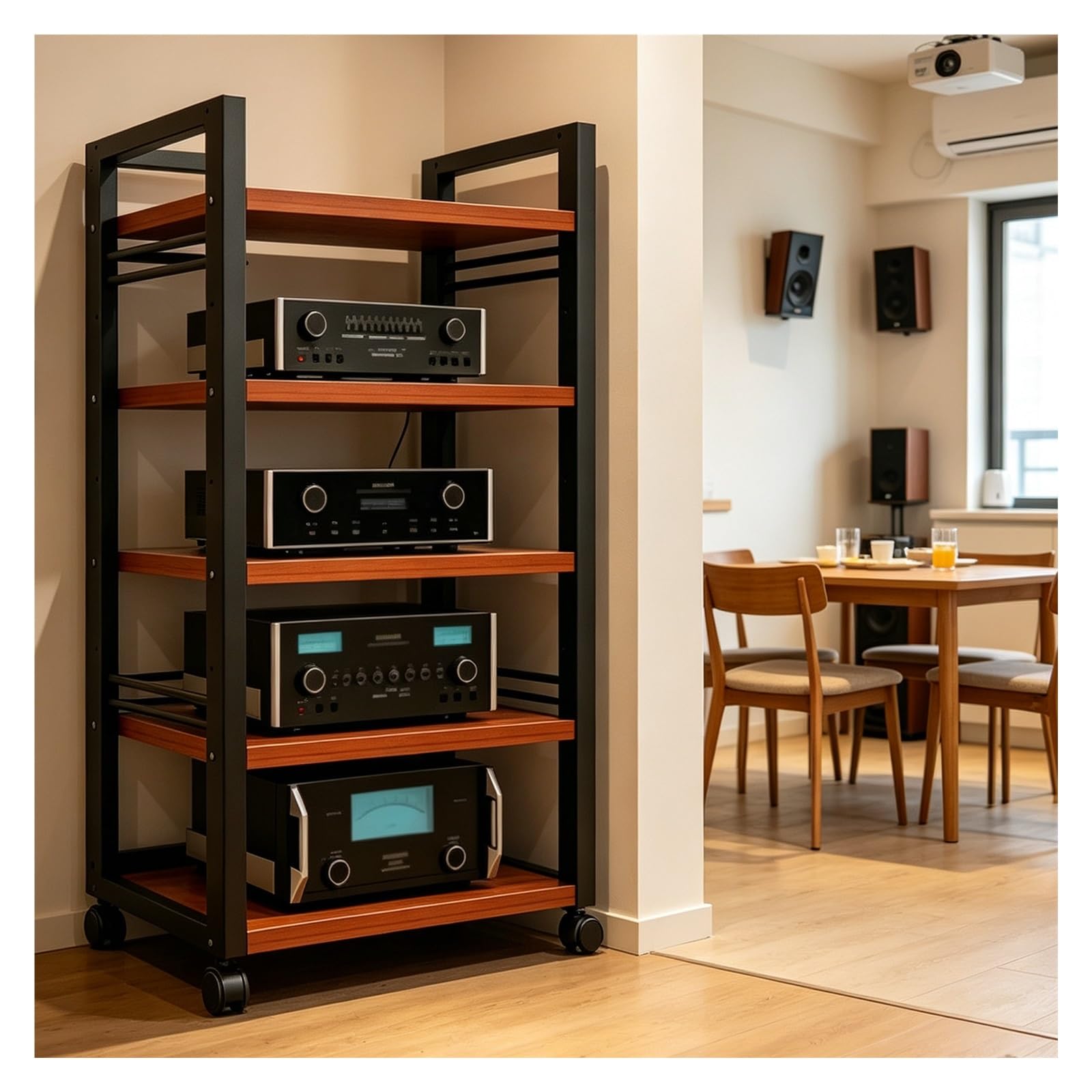 Mueble para tocadiscos de 5 niveles en teca con ruedas y estantes ajustables