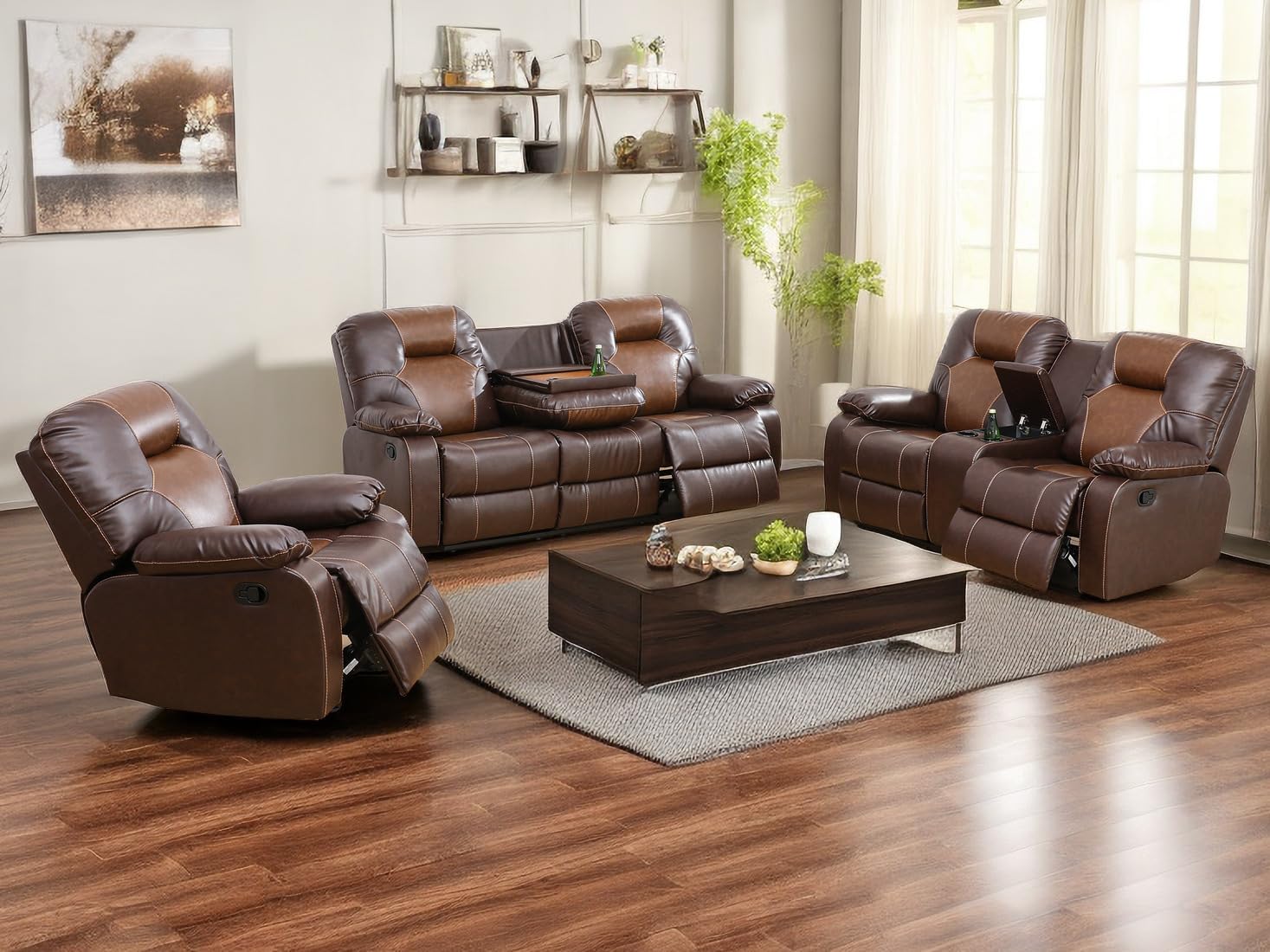 Living Room Furniture Sets Manual Recliner Couch Set Sofa Loveseat Chair Leather Reclining Sofa Set with Storage Console/Cup Holders/Drop-Down Table for Home/Office (Brown, 3PCS Set)