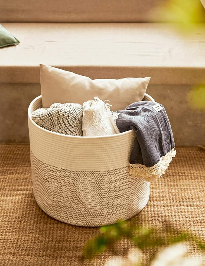 INDRESSME XL Large Cotton Rope Basket - Books and Clothes Storage Baskets