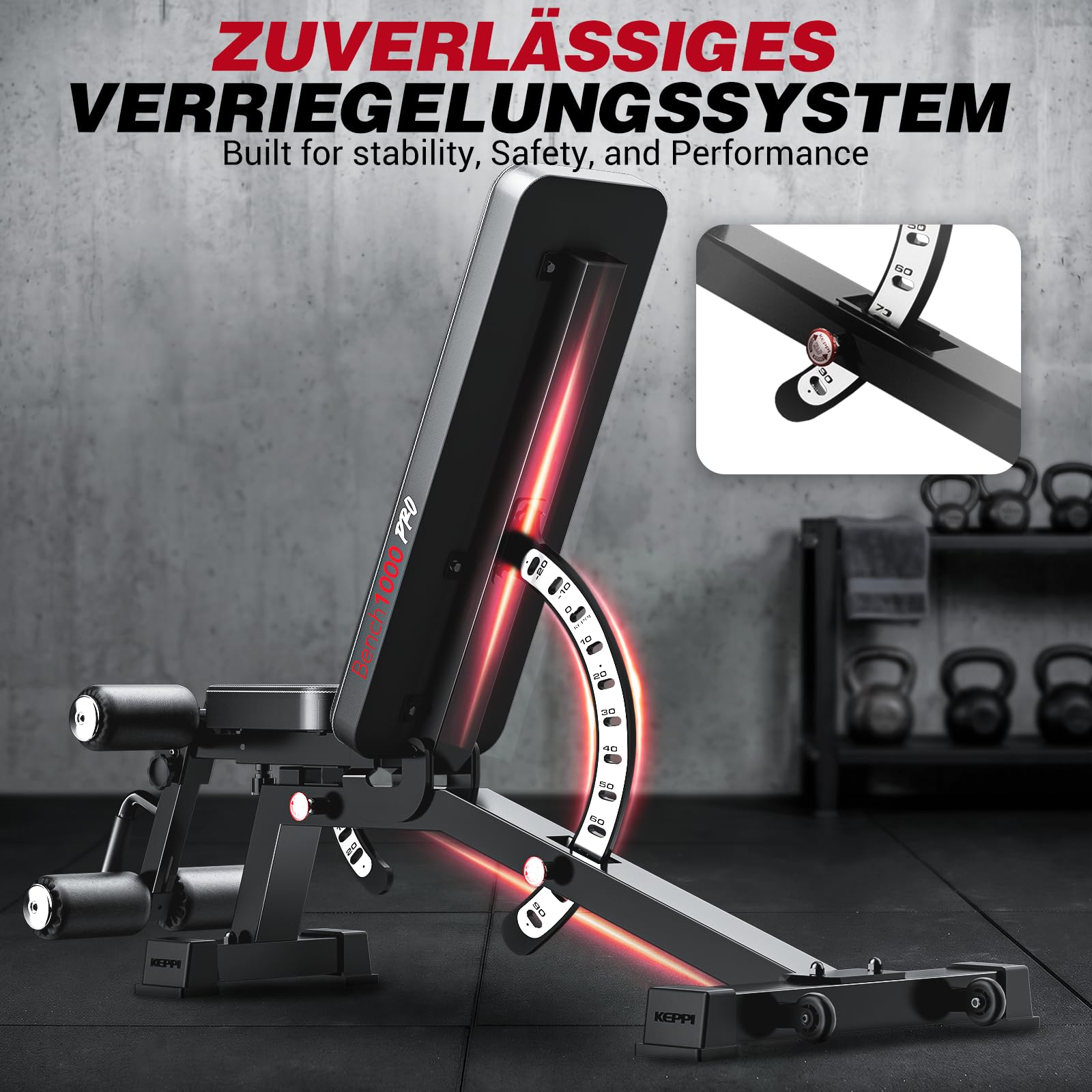 Keppi Hantelbank Verstellbar, mit 600 kg Kapazität, Schrägbank & Flachbank für Heim-Fitness, Multifunktionale Trainingsbank für Bankdrücken, Krafttraining und Ganzkörper Workouts - Bench1000 Pro