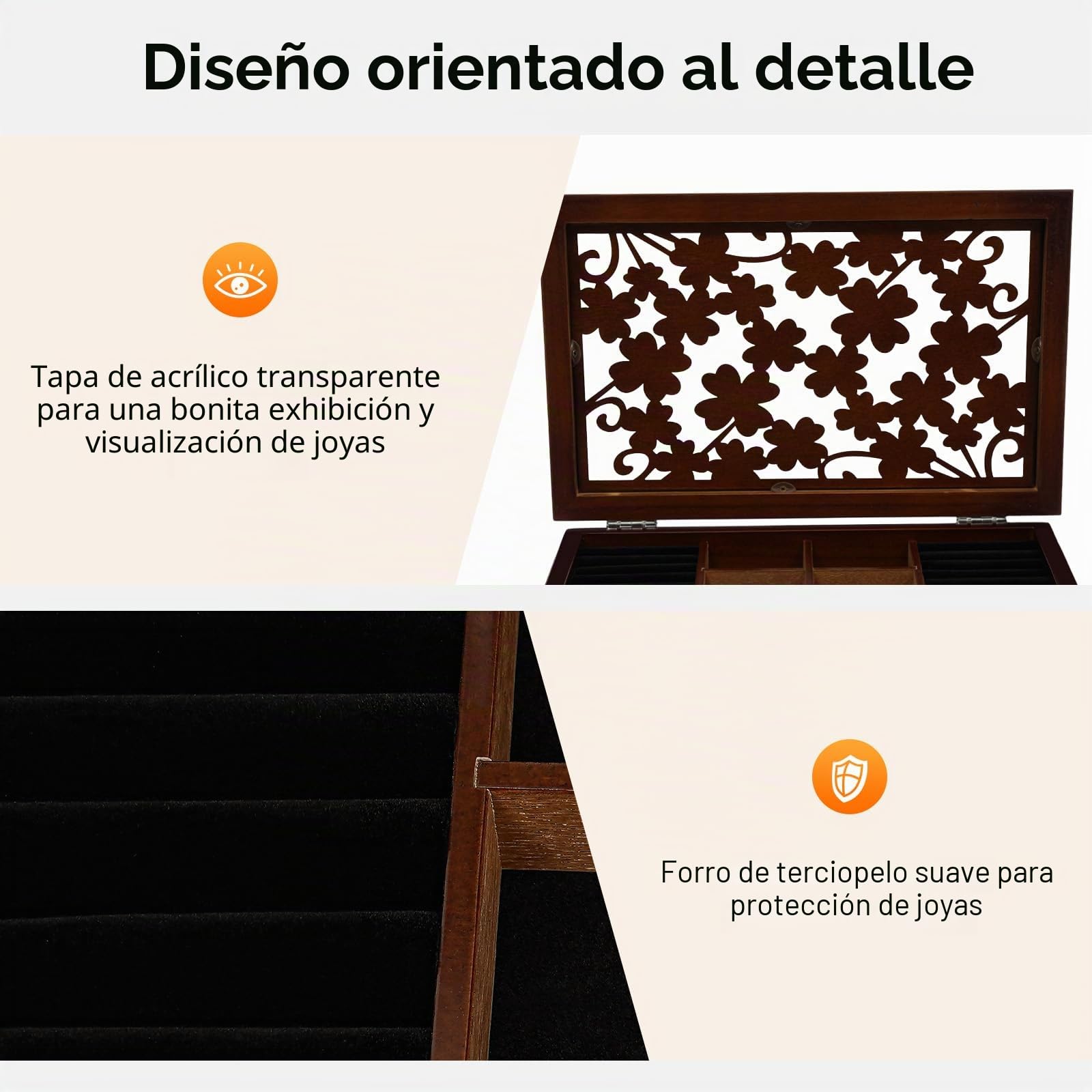 Joyero de madera grande con 6 niveles, caja de joyería con 5 cajones para anillos, pendientes, pulseras, collares, color marrón