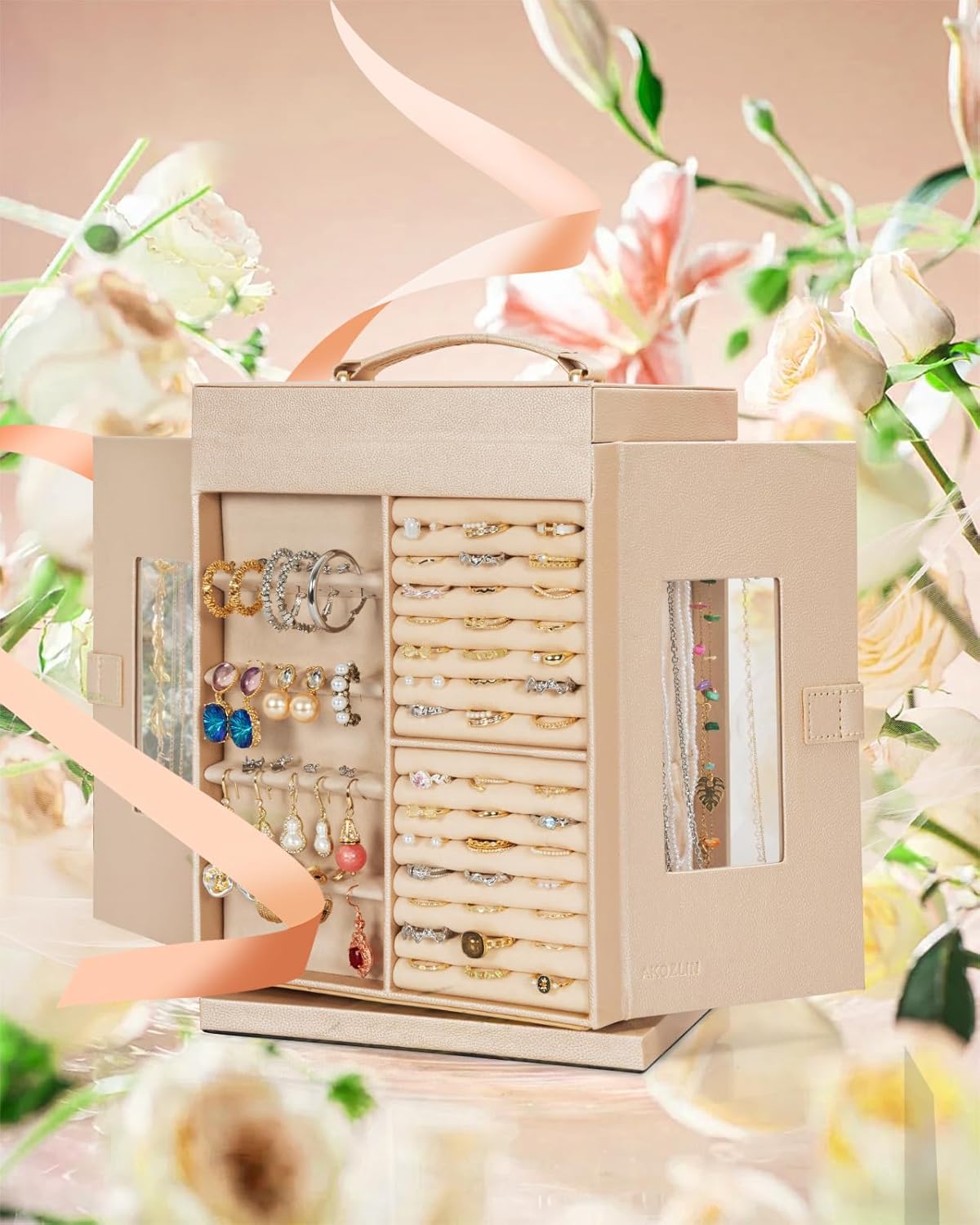 AKOZLIN Jewelry Box 6-Tier Organizer Functional 360° Rotating Jewelry Storage Case for Women Girls Ring Necklace Earring Bracelet Holder with Mirror - Image 5