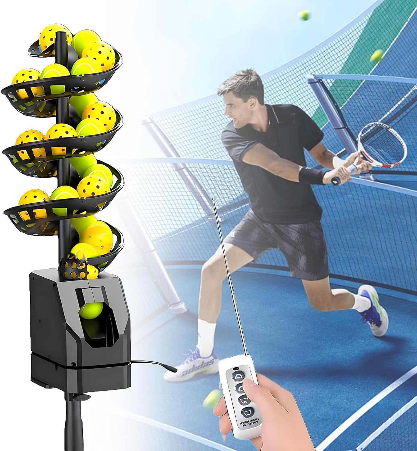 Portable Tennis Ball Machine & Tennis Serving Machine, Lightweight Tennis Toss Machine with 33 Balls, Plug-in/Battery Powered, Adjustable Toss for Indoor/Outdoor Practice