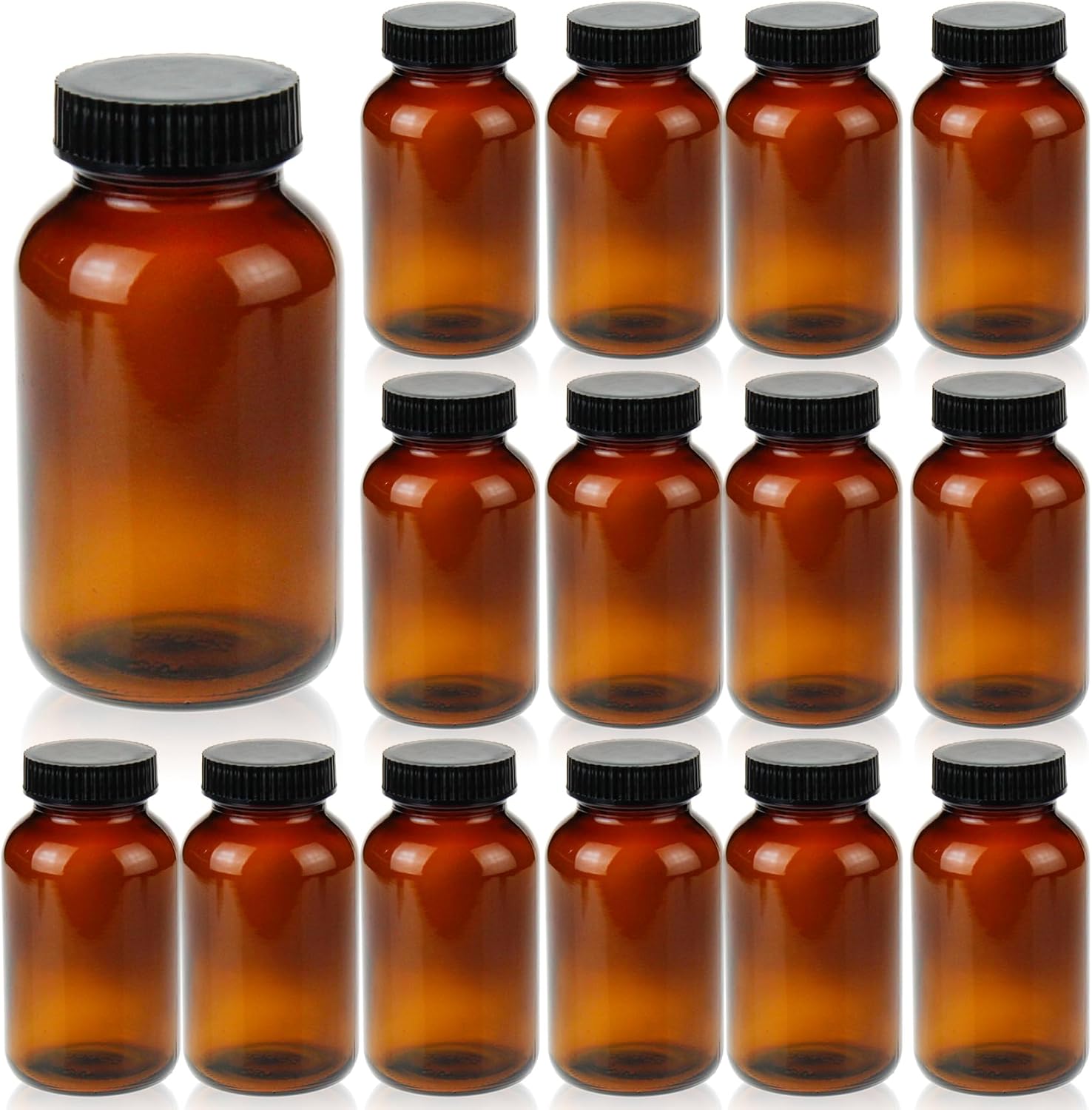 250 ml(8.3 OZ) Amber Glass Wide Mouth Packer Bottle with Black Ribbed Cap, Pack of 24 bottles