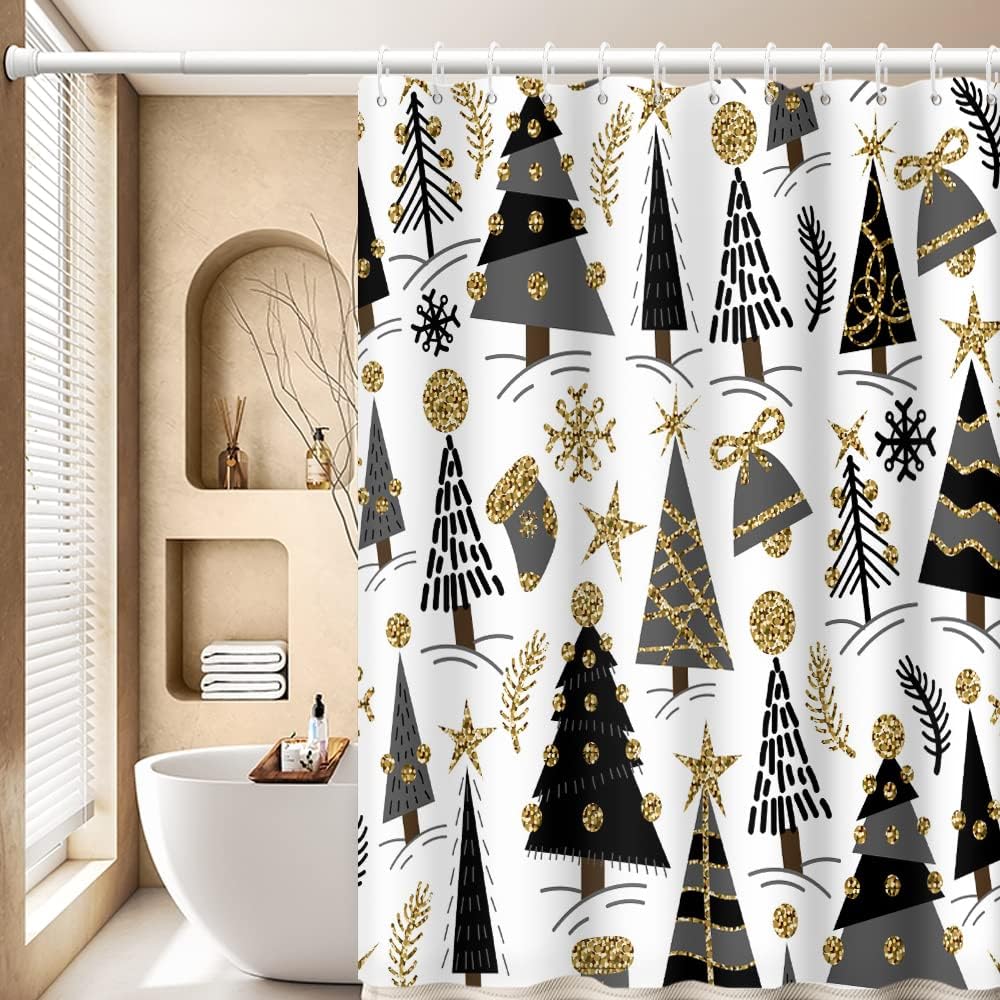 Merry Christmas Shower Curtain for Bathroom Black and Gold Xmas Tree Star Winter Snowflakes Shower Curtain Washable Durable Fabric Home Decorative Shower Curtain with Hooks, 72x96 Inch