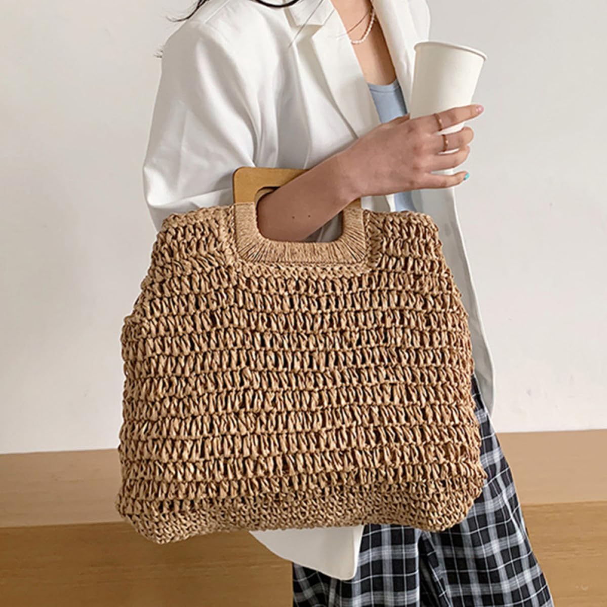 Bolso de Playa Tejido a Mano al Crochet, Bolsa de Almacenamiento Portátil, Gran Capacidad, Ligero, Color Caqui, para Mujer, Compras Diarias y Vacaciones Playa