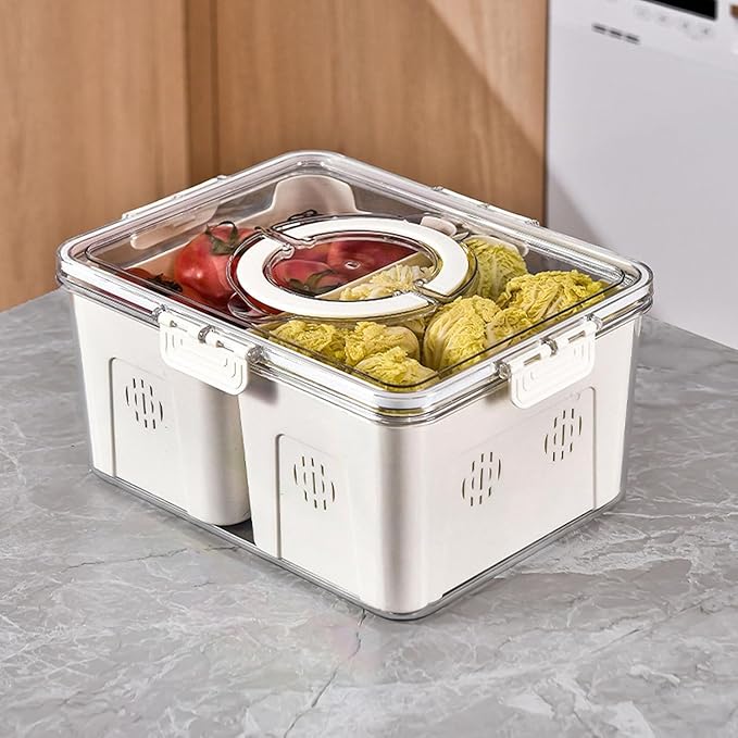 Vasukie Divided Fridge Storage Boxes With 4 Serving Veggie Tray with Lid and Handle, Fridge Organizer with Removable 4 Compartment, Fridge Storage Containers (2 Large Compartment-1PC)