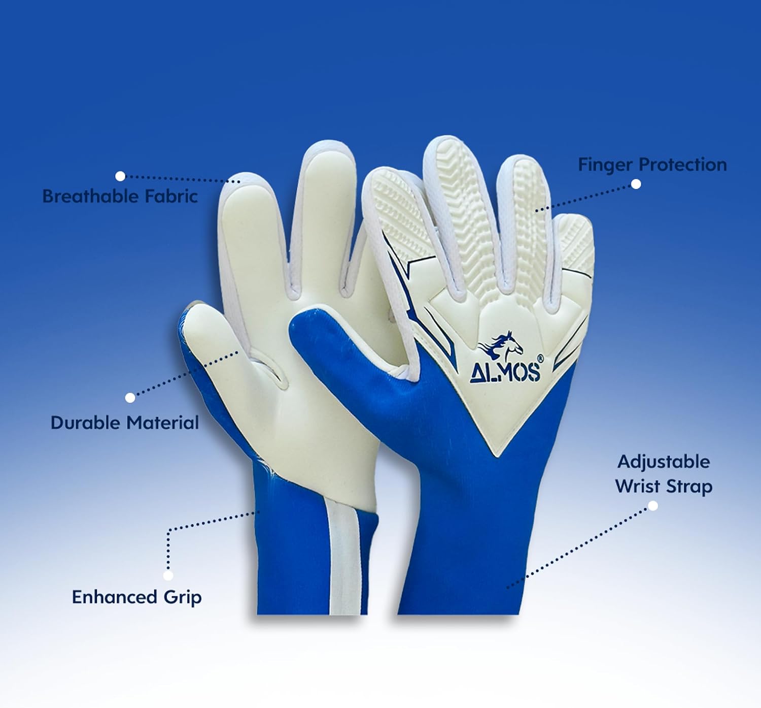 Almos Soccer Max Gel Goalkeeper Gloves – Goalie Gloves for Adult and Youth | Strong Grip for Toughest Saves with Finger Protection, Non-Slip Wear Resistant Latex to Prevent Injuries, Blue & White |