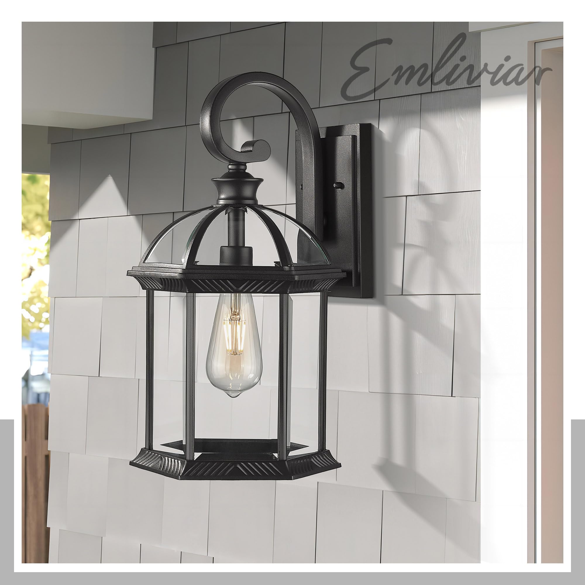 Emliviar 18 Inch Outdoor Wall Lantern for Porch, Large Modern Outdoor Wall Light for House, Clear Glass with Black Finish, DE276B-M BK