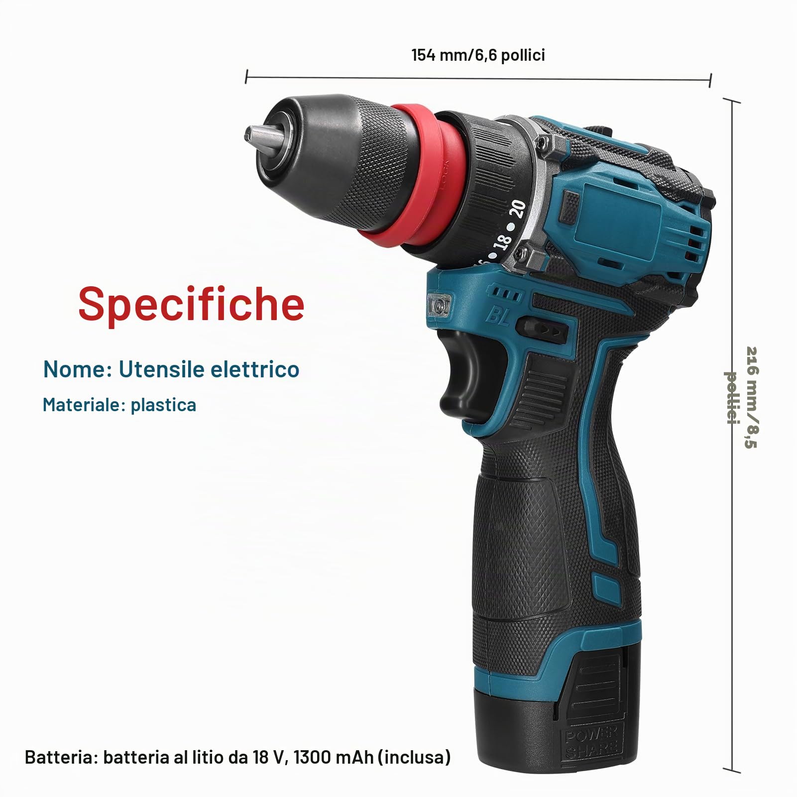 Weytoll Trapano Avvitatore Batteria 18V, 2 Batterie 1300mAh, Max 45Nm, 23+1 Impostazione Coppia, 2 Velocità, LED Luce per Riparazione, Fai da te