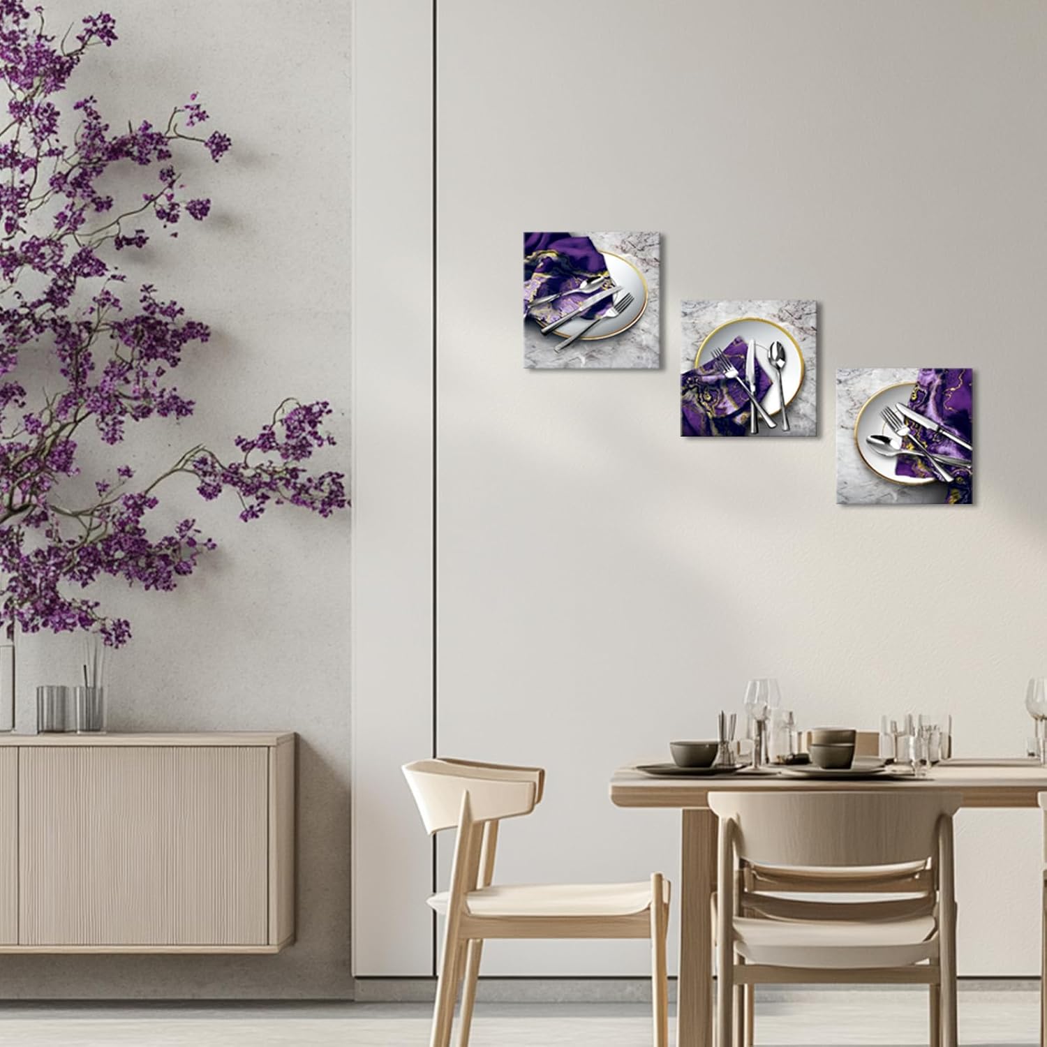WELMECO Dining Room Wall Art Modern Kitchen Decor Pictures Marble Prints Dining Room Wall Decor Framed Artwork 12"x12"x3 Pieces (Purple)