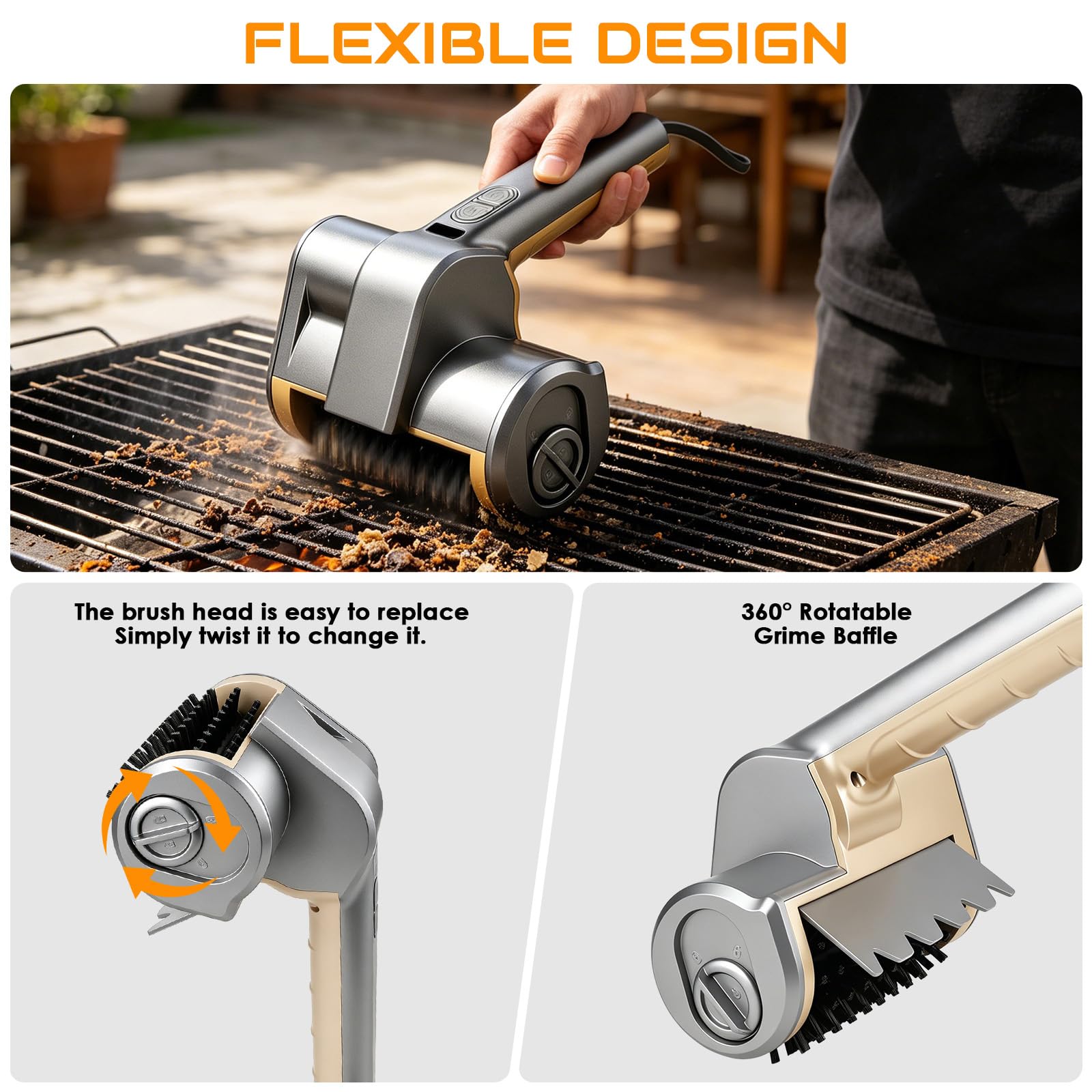 Spazzola elettrica per barbecue, senza fili, con luci LED, autonomia di 140 minuti, 2 velocità, 3 testine, impermeabile e resistente al calore, spazzola per barbecue in ghisa, acciaio inossidabile e